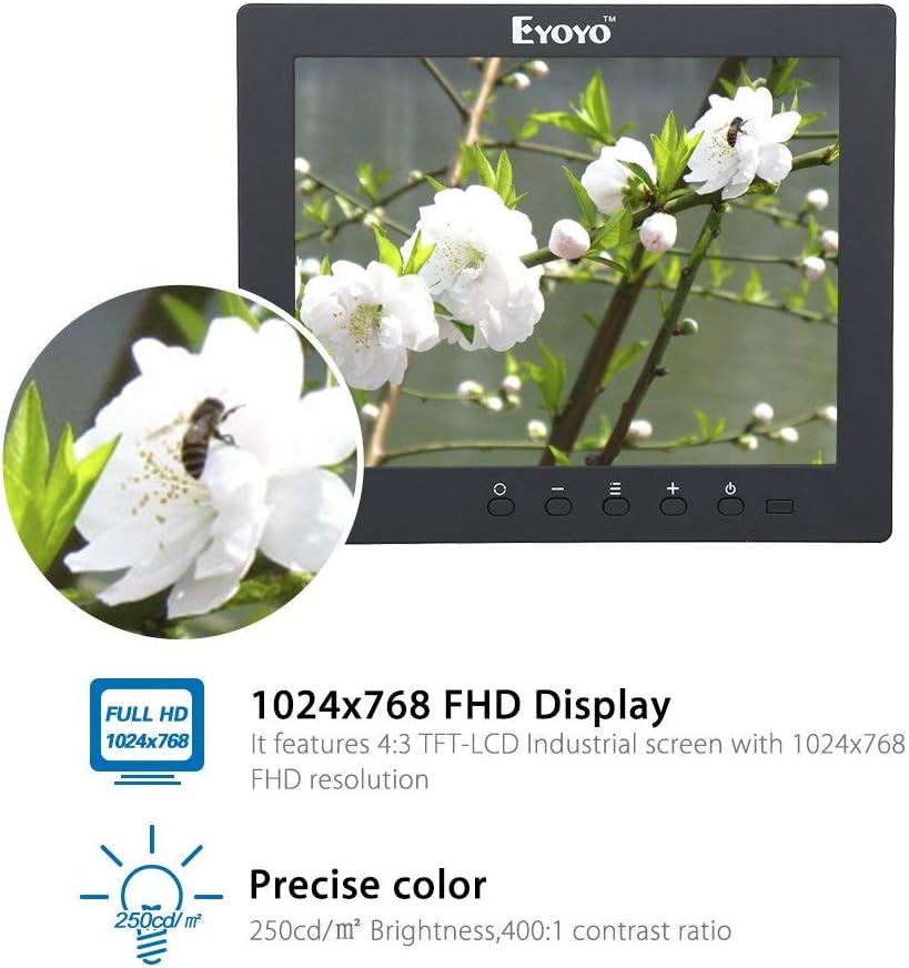 Eyoyo S801C 8 Inch Small HDMI BNC VGA Monitor LCD Screen 1024x768 4:3 Display Ypbpr Input Support Powerbank 5V Input Pack of 2