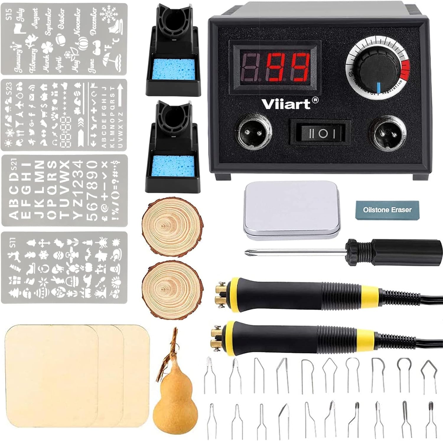 Professional Pyrography Tool Kit 60W Upgraded Wood Burning Kits with 20pcs Pyrography Wire Tips Digital Adjustable Pyrography Machine for Wood and Gourd（Duble Pen）