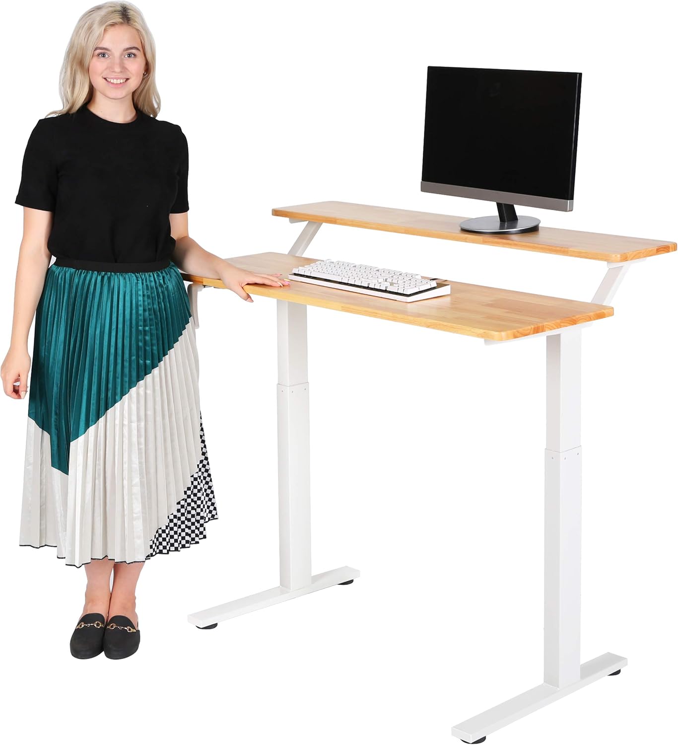 SDADI Solid Wood Desk Top Crank Height Adjustable Standing Desk, Sit to Stand Office Desk with Heavy Duty Steel Frame, Black Frame/Teak Top