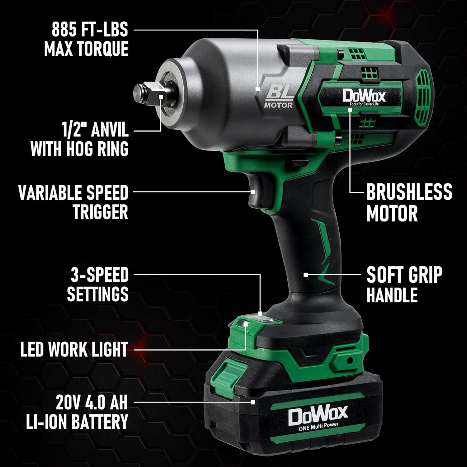 DOWOX Power Electric Cordless Impact Wrench, 1/2 Inch, High Torque 885 Ft-lbs, Brushless, 20V Max 4.0 Ah Li-ion Battery, 5pcs Sockets, Storage Tool Box