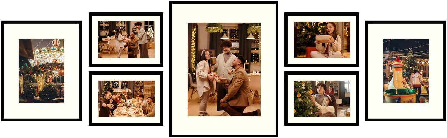 Golden State Art, Set of 7, Metal Wall Photo Frame Collection, Aluminum Photo Frame with Ivory Color Mat & Real Glass (Black) Pack of 2