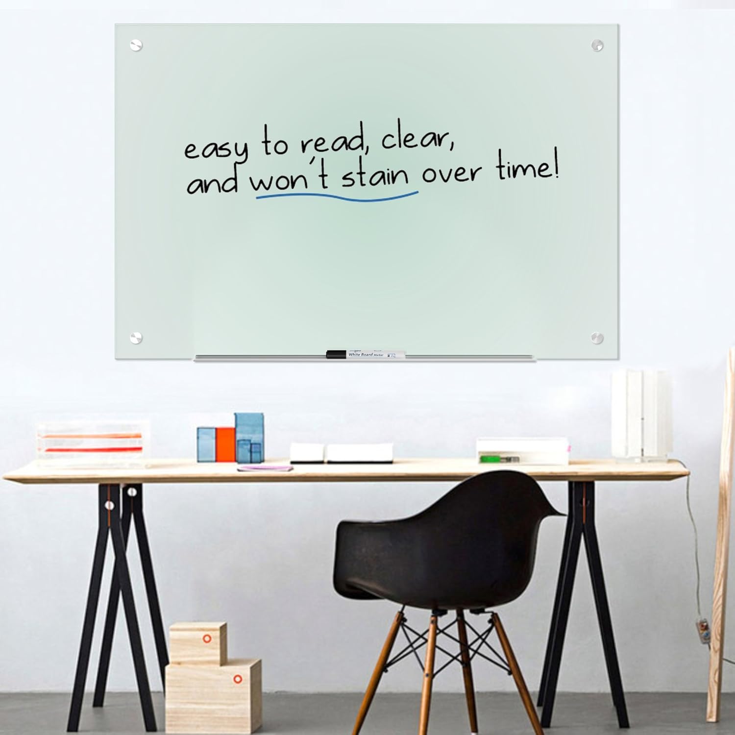 Magnetic Glass Whiteboard Dry Erase Board Black 4 Markers 6 Magnets Eraser Accessories Large Frosted Whiteboards Glasses Office Wall Frameless White Glassboard Aluminum Tray 35 x 47 in (35