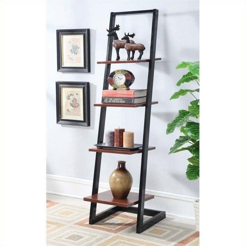 Pemberly Row Four-Tier Ladder Bookshelf in Black Metal and Cherry Wood