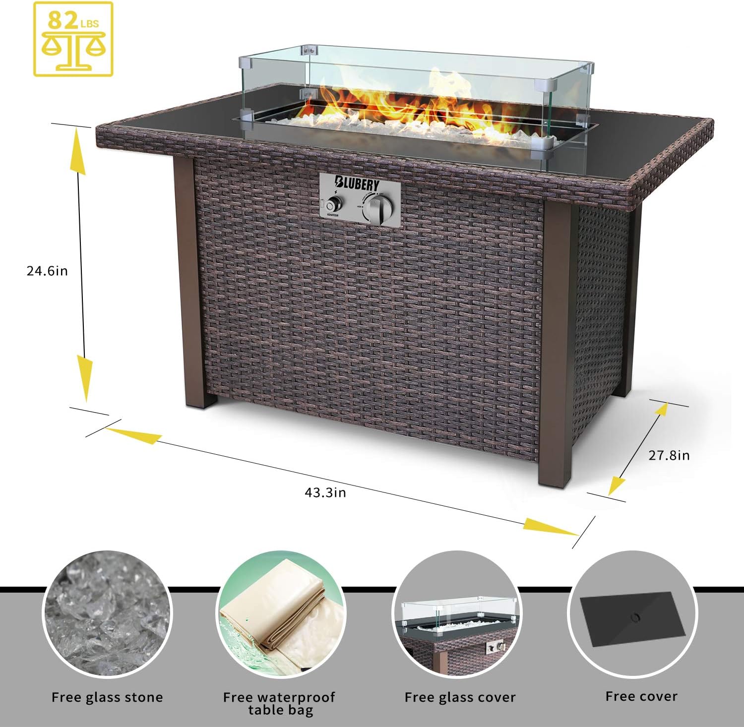 BLUBERY 44'' Propane Fire Pit Table, 50,000 BTU PE Rattan Gas Fire Pit with Black Tempered Glass Tabletop, Glass Wind Guard, Auto-Ignition, White Glass Stone, ETL CERT