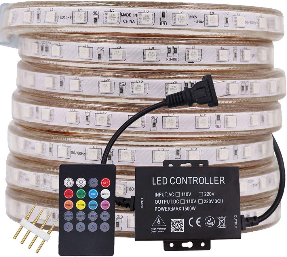 Xunata LED Strip Lights, Bluetooth Control RGB AC 110-120V SMD 5050 60 LEDs/m Waterproof Rope Light Strip with 20Key IR Remote, Work with iOS & Android Music Time Control System (328ft/100m)