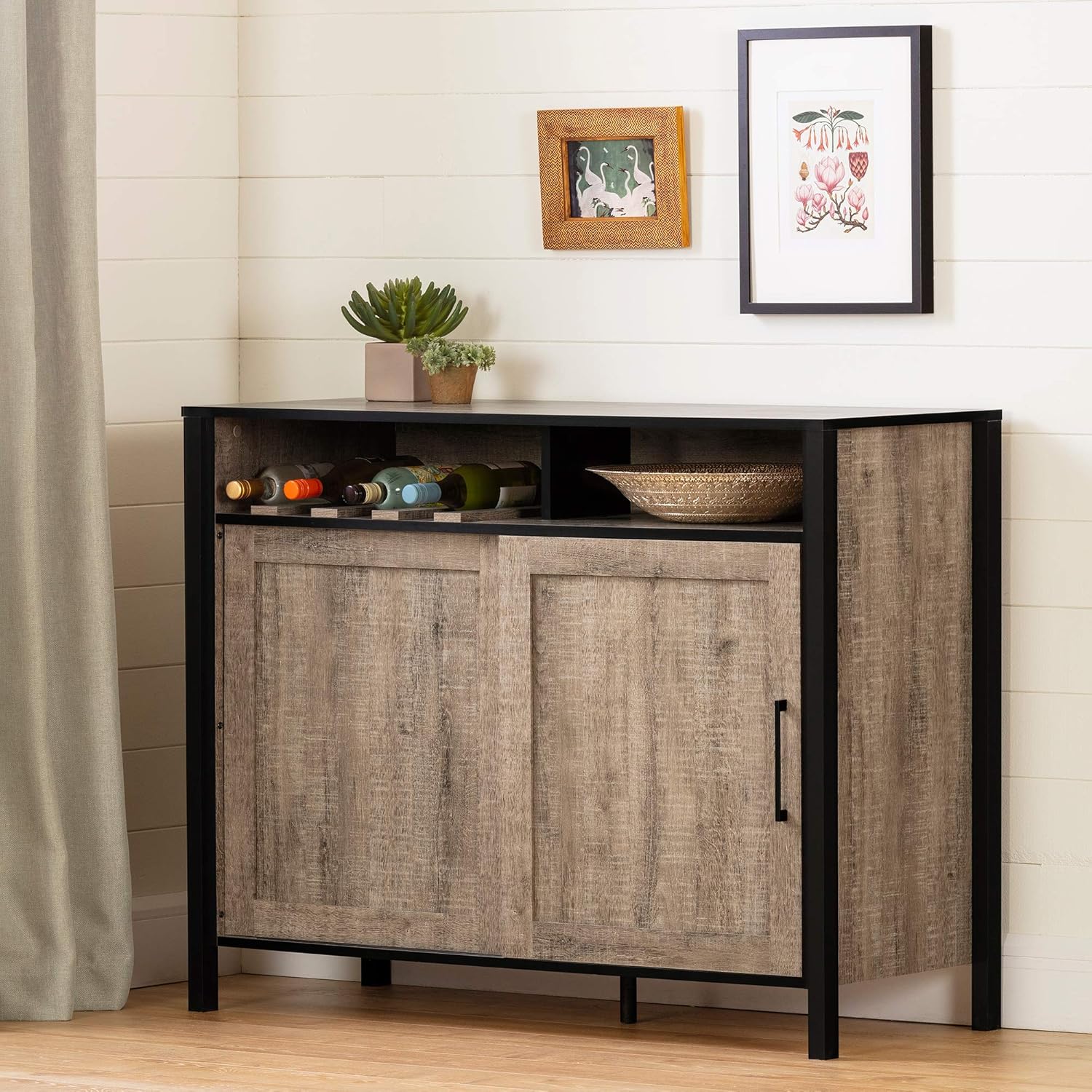 South Shore Munich Buffet with Sliding Door-Weathered Oak and Matte Black