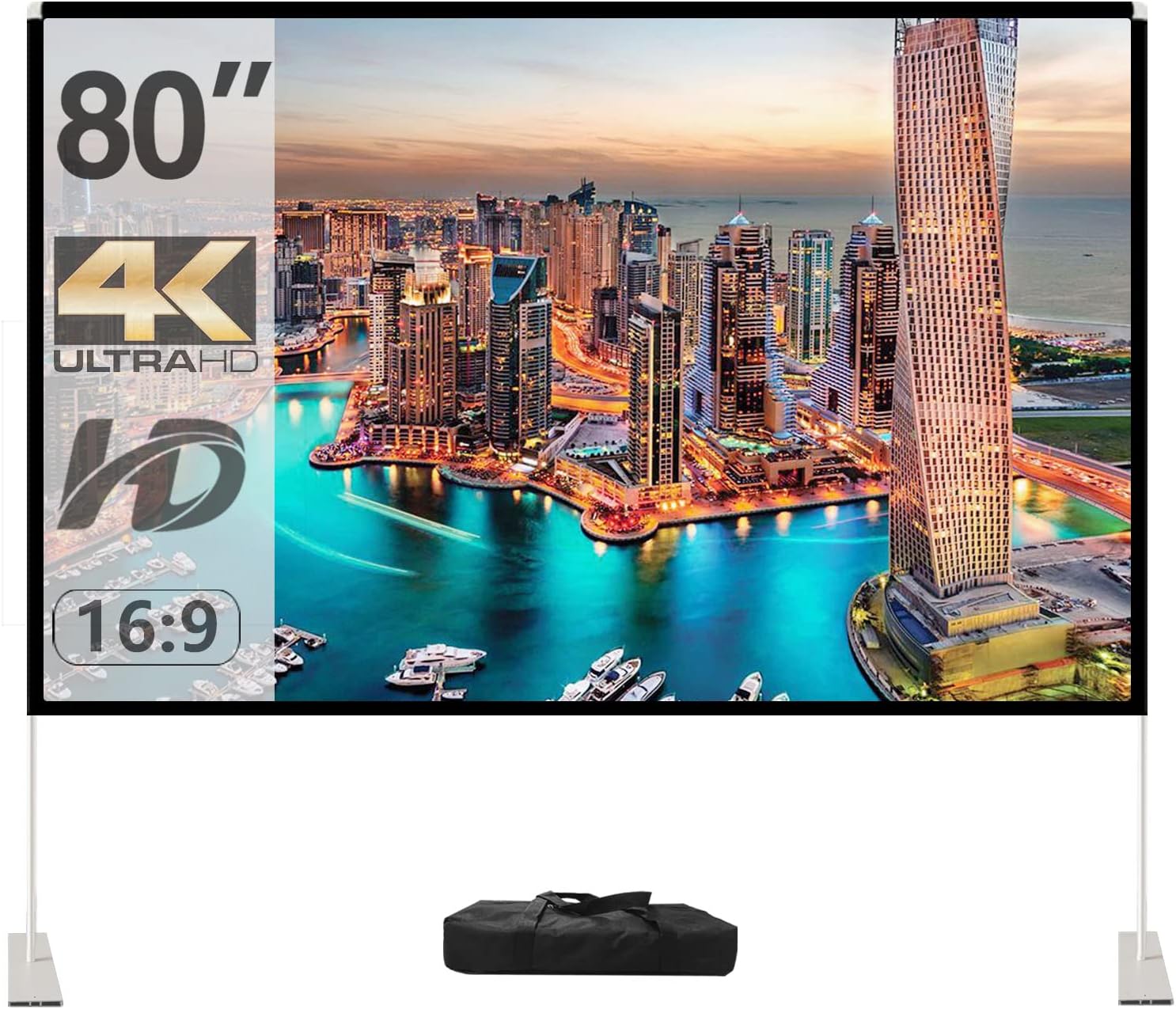 Projector Screen with Stand 80 inch Portable Projection Screen 16:9 4K HD Rear Front Projections Movies Screen with Carry Bag for Indoor Outdoor Home Theater Backyard Cinema Travel