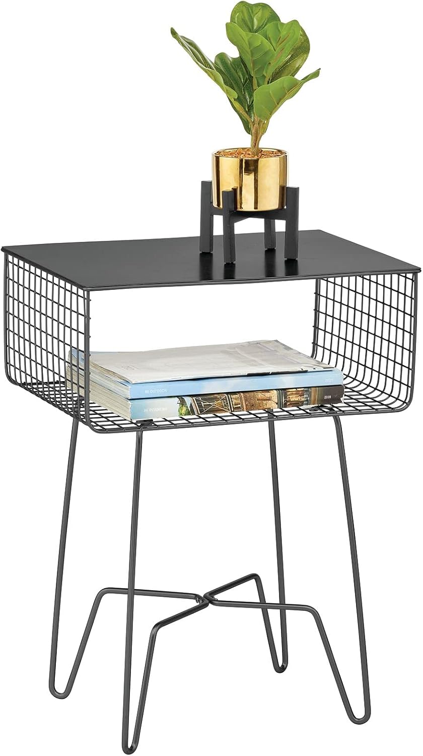 mDesign Modern Farmhouse Side/End Table - Solid Metal Design, Open Storage Shelf Basket, Hairpin Legs - Sturdy Vintage, Rustic, Industrial Home Decor Accent Furniture for Living Room, Bedroom - Bronze Pack of 2