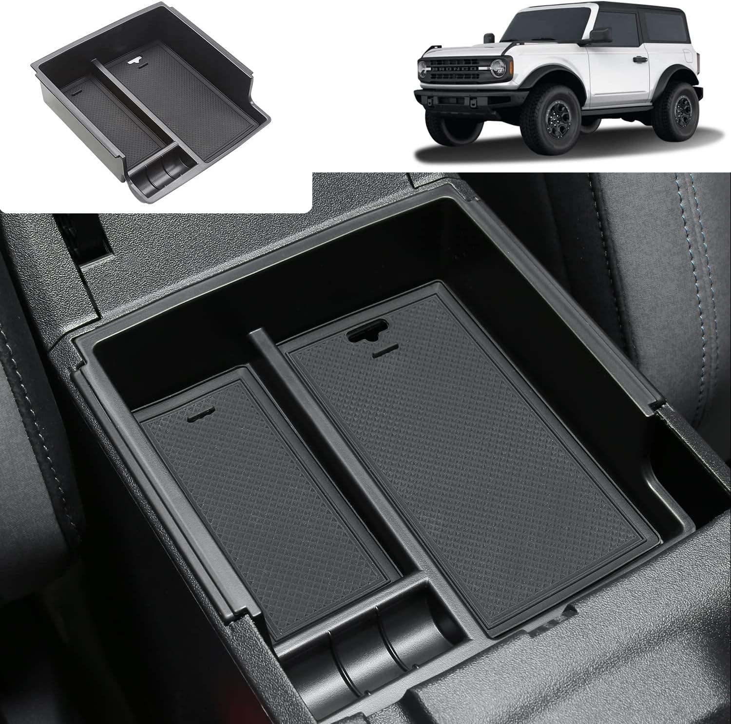 KUNIST for Ford Bronco Accessories Center Console Armrest Storage Box Storage Tray for 2021 2022 Ford Bronco Automotive Center Console Organizer, ABS Black