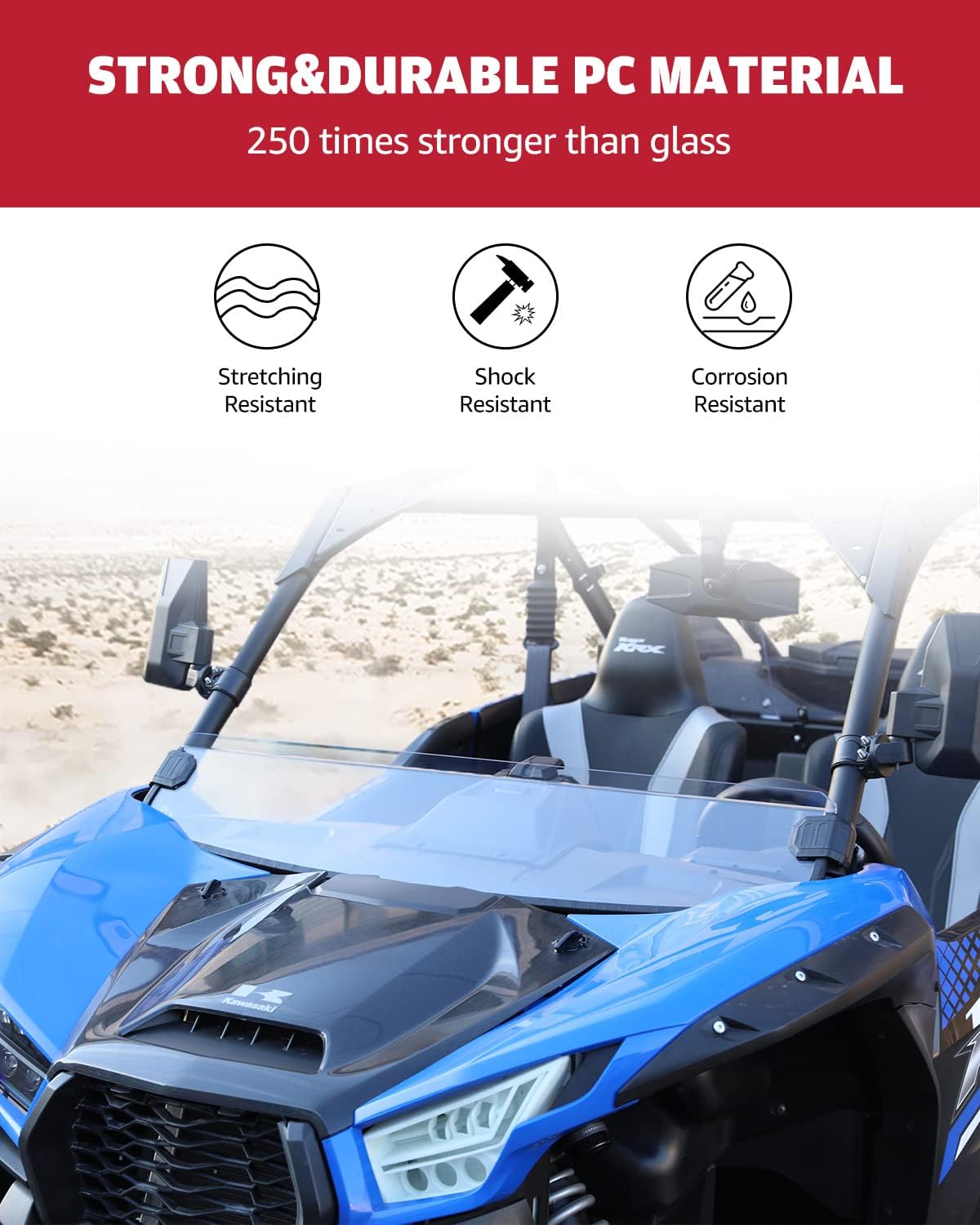 A & UTV PRO Front Half Windshield for Kawasaki Teryx KRX 1000 2020 2021 2022, Clear Tough Hard Coated Vented Polycarbonate Construction Windscreen Accessories,250x Stronger Than Glass