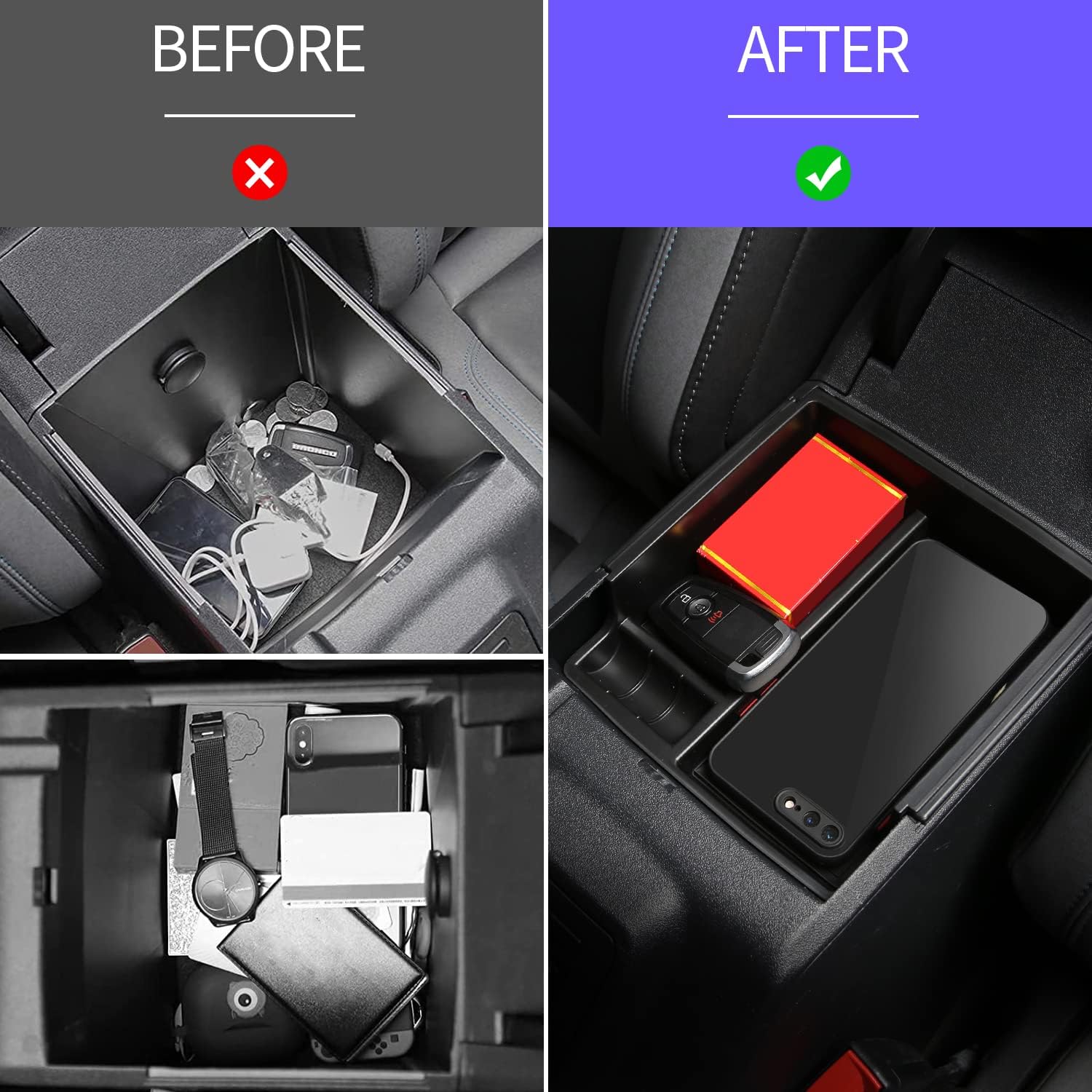 KUNIST for Ford Bronco Accessories Center Console Armrest Storage Box Storage Tray for 2021 2022 Ford Bronco Automotive Center Console Organizer, ABS Black