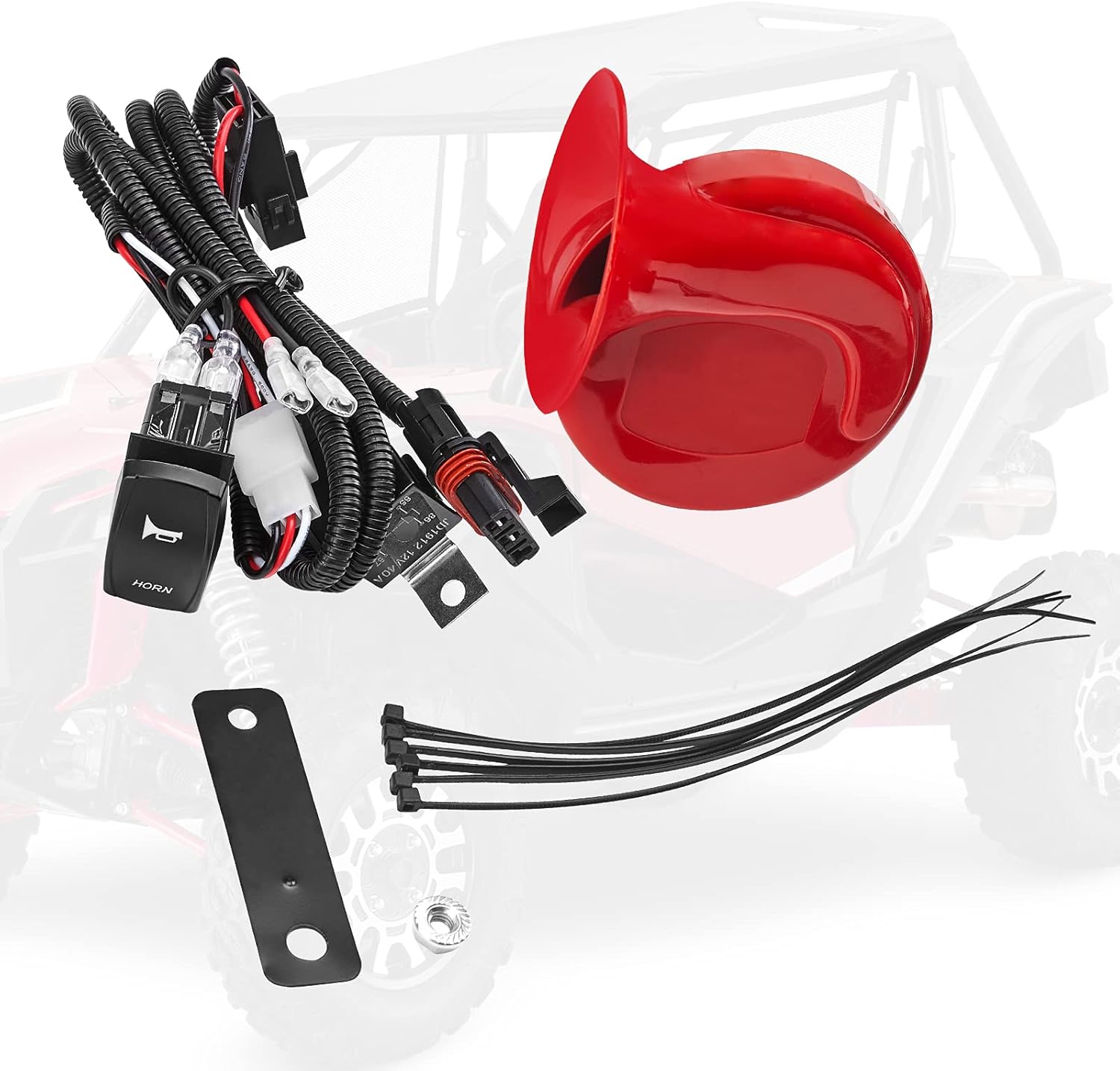 kemimoto Universal RZR Horn Kit, UTV Loud Horn Kit Red Easy Installation with Rocker Switch Widely Compatible With RZR, CAN-AM, Ranger 105D 12V Pack of 2