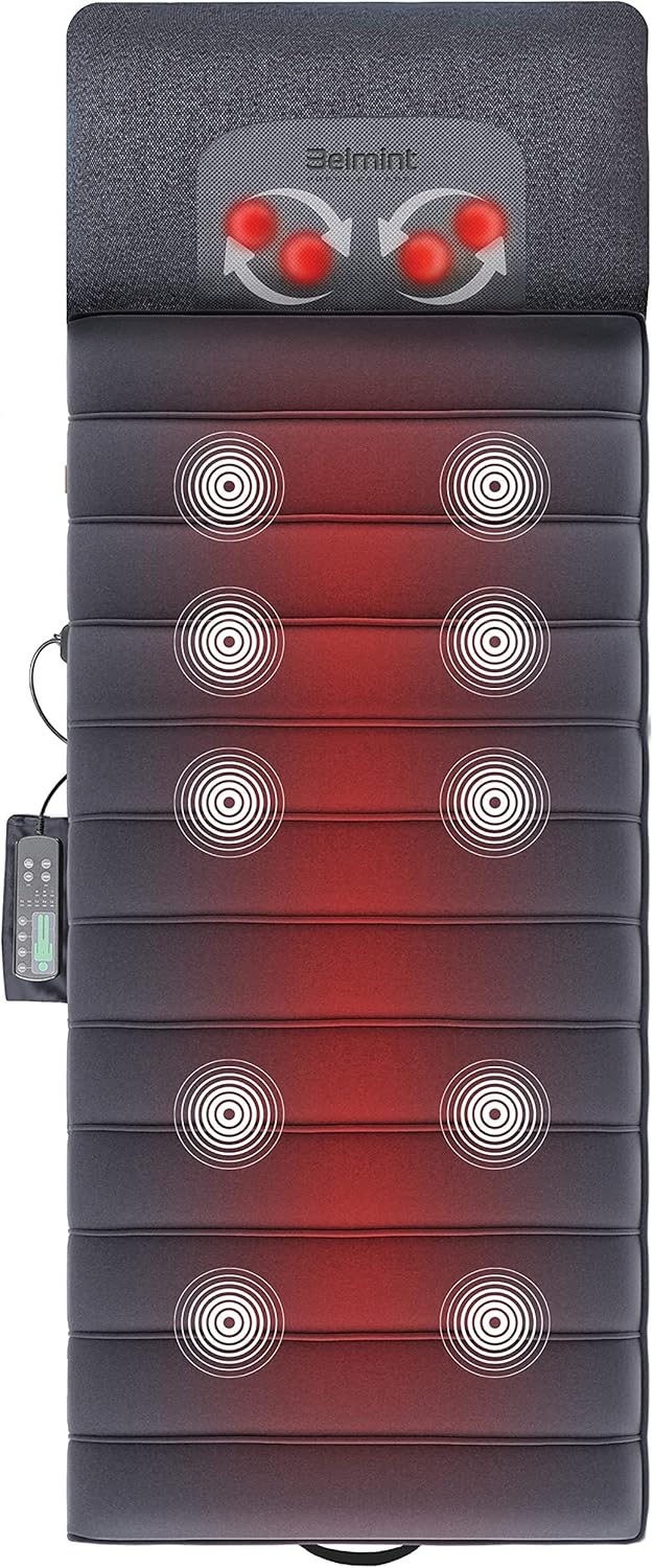 Massage Mat Vibration Pad - Full Body Vibration Mattress Pad for Bed with Rotating Shiatsu Neck Massage Pillow - 10 Vibrating Motors, 4 Warming Heating Spots - Neck, Shoulder, Back Massager