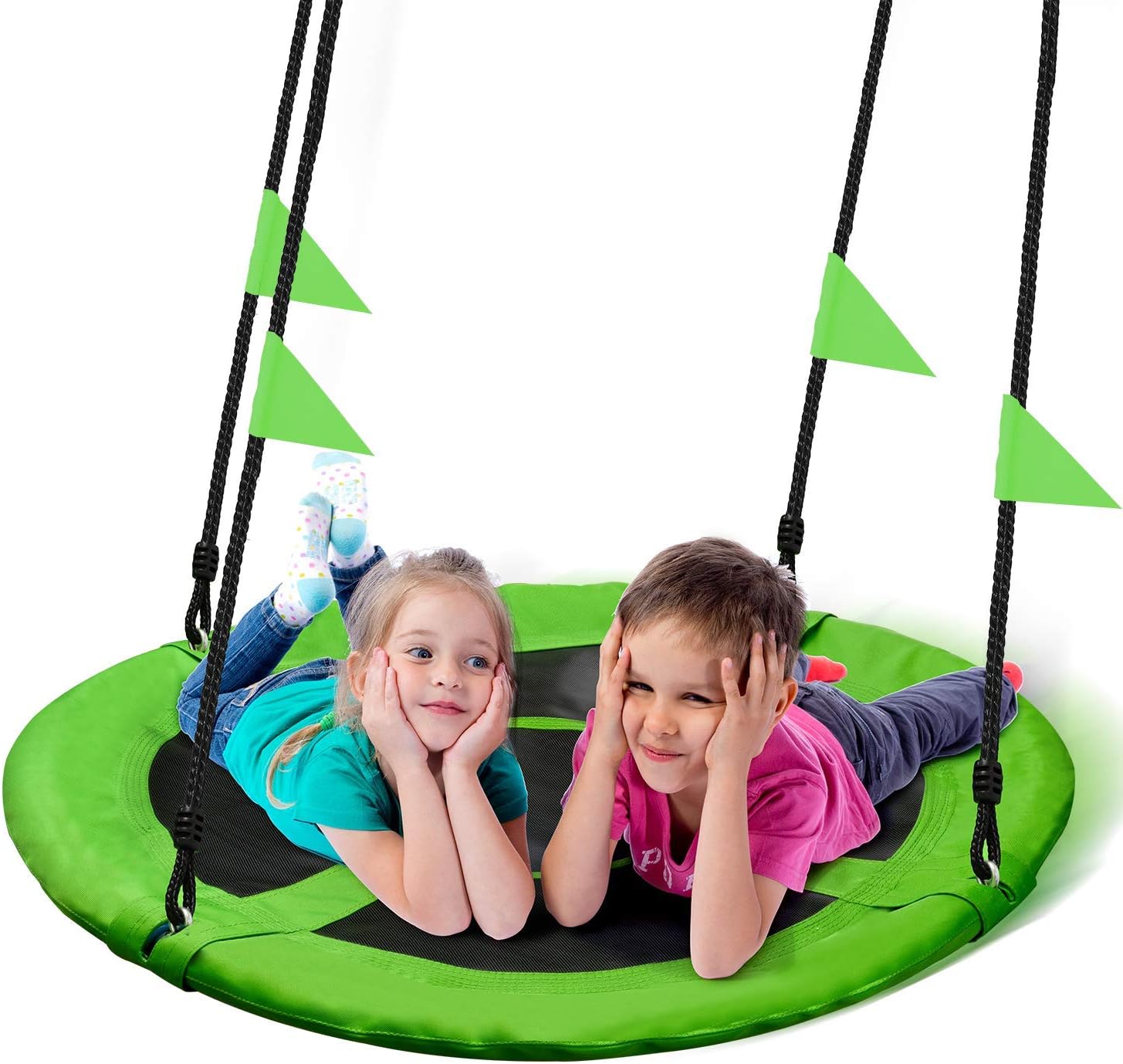 PACEARTH 40 Inch Saucer Tree Swing Flying 660lb Weight Capacity 2 Added Hanging Straps Adjustable Multi-Strand Ropes Colorful Safe and Durable Swing Seat for Children-Green Pack of 2