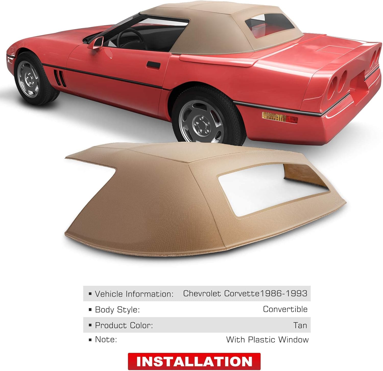 A-Premium Tan Convertible Soft Top with Plastic Window Compatible with Chevrolet Corvette 1986 1987 1988 1989 1990 1991 1992 1993 Convertible Hatchback