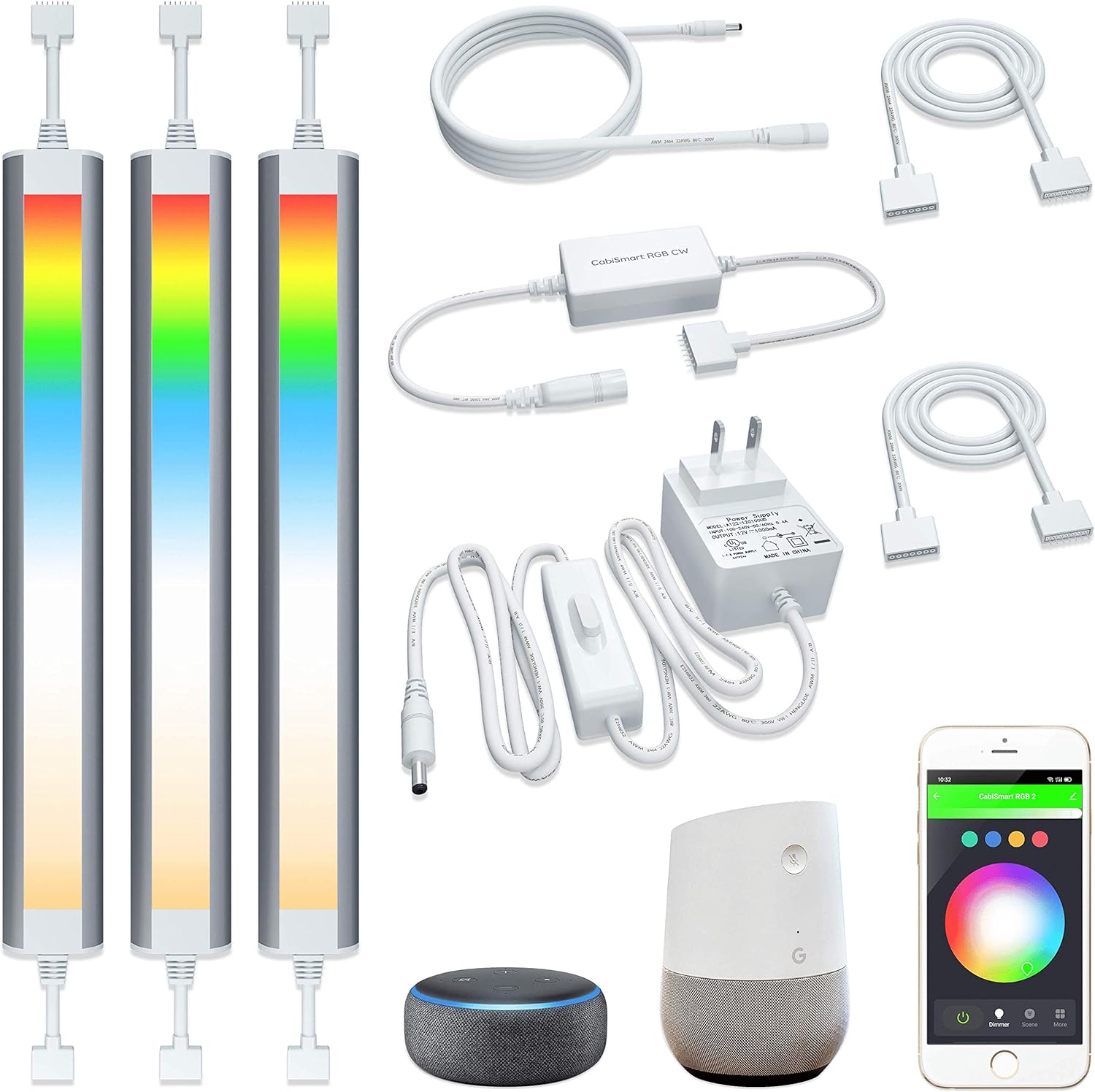 Smart Under Cabinet Lighting Strip Lights White and Multi Color Work with Amazon Alexa Google Home Dimmable for Show Case, TV Back Lights, Kitchen Counter, Book Case, Under Bed (3 Lights Bar kit)