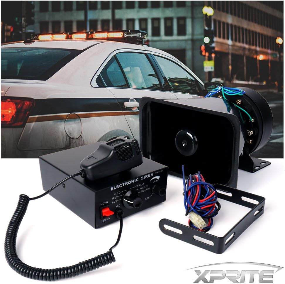 Xprite 100W Warning Speaker 7 Tone Police Siren PA System Set w/Handheld Microphone for Emergency Vehicles Pack of 2