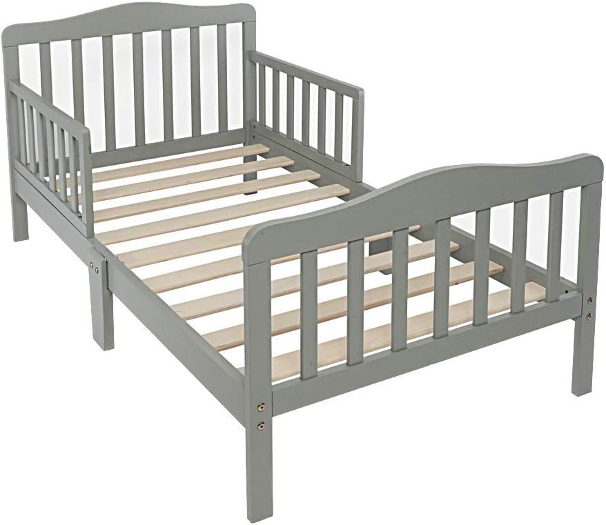 NUFR Home Toddler Bed with Guardrail Classic Wooden Kids Bed Frame Toddler Bedding Bedroom Funiture for Kids Children - Grey US WarehouseAC255