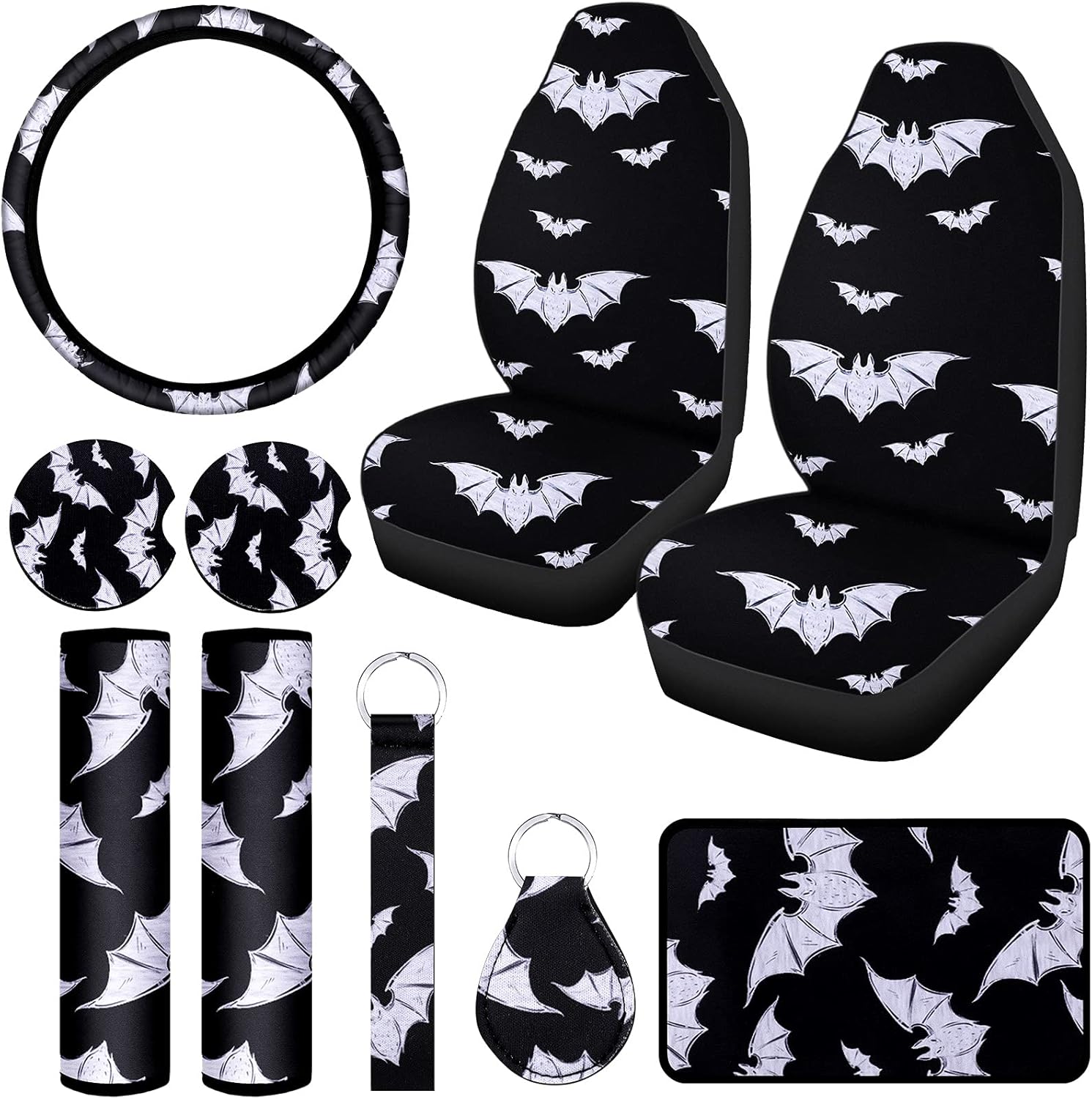 10 Pieces Colorful Abstract Pattern Bats Car Accessories Set Include Bat Car Seat Covers Steering Wheel Covers Car Seat Belt Shoulder Pads Car Coasters Armrest Pad Wrist Holder Keychain for Car Truck