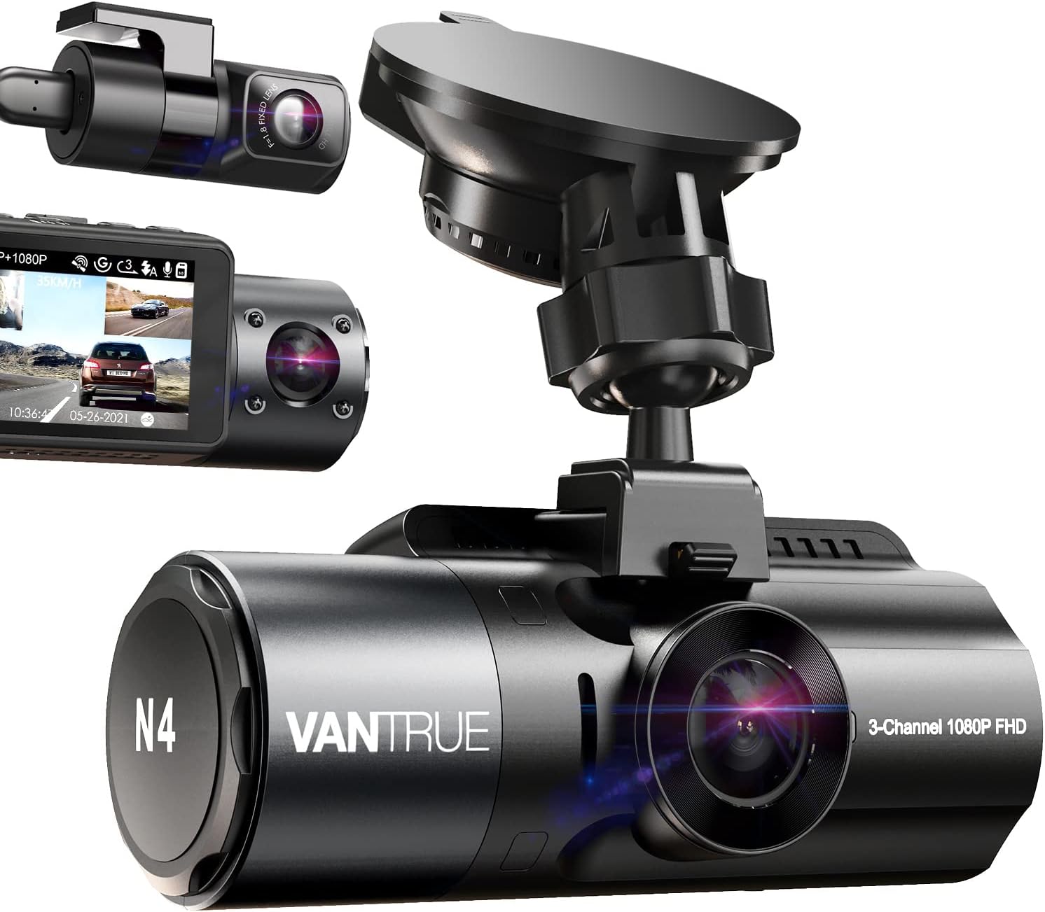 Vantrue N4 3 Channel 4K Dash Cam, 4K+1080P Front and Rear, 4K+1080P Front and Inside, 1440P+1080P+1080P Three Way Triple Car Camera, IR Night Vision, 24 Hour Parking Mode, Capacitor, Support 256GB Max