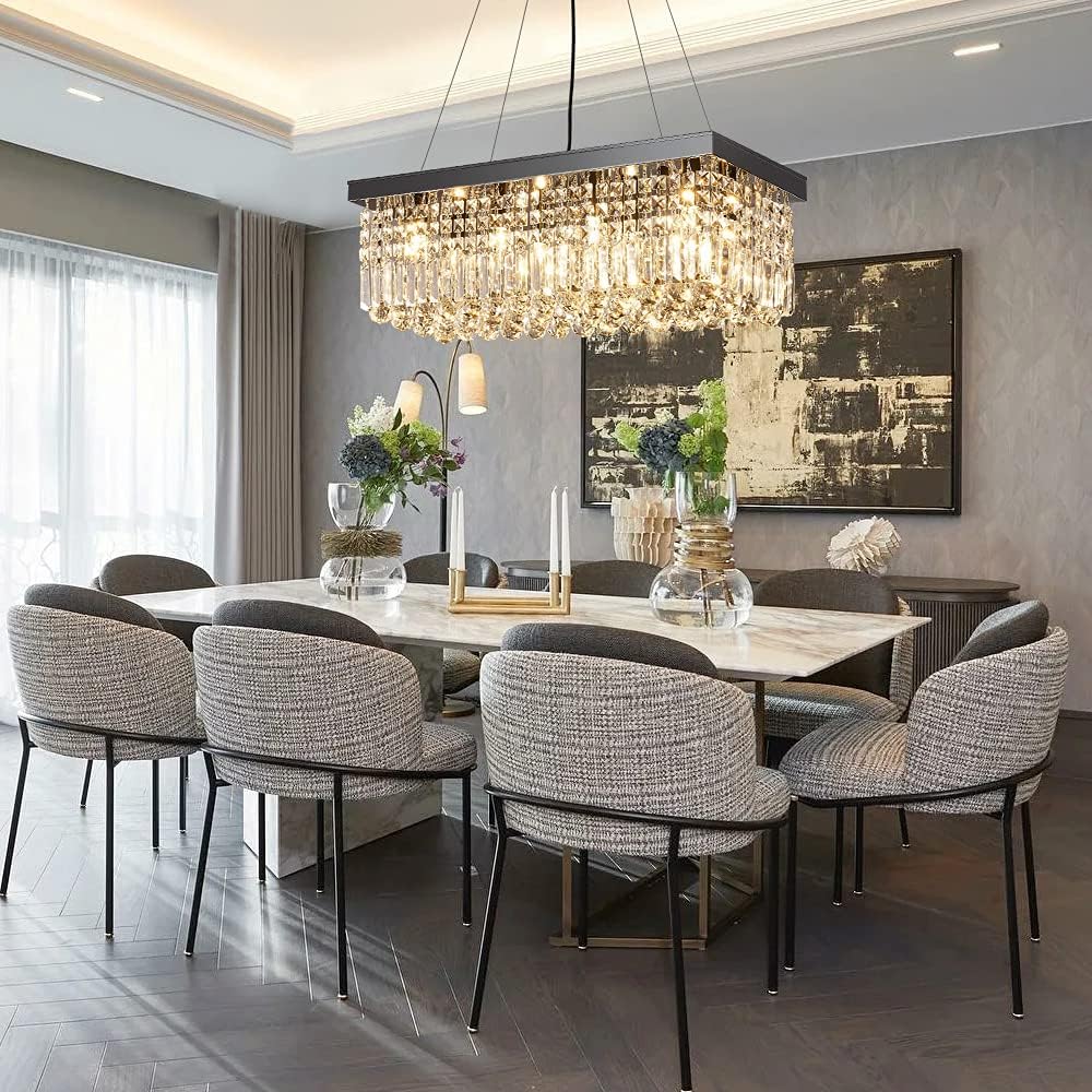 T&A 8-Light Rectangular K9 Crystal Chandelier, Modern Black Metal Finish Crystal Pendant Light Fixture with Narrow Rectangle and Raindrop Clear Crystal for Dining Room Kitchen Island Living Room