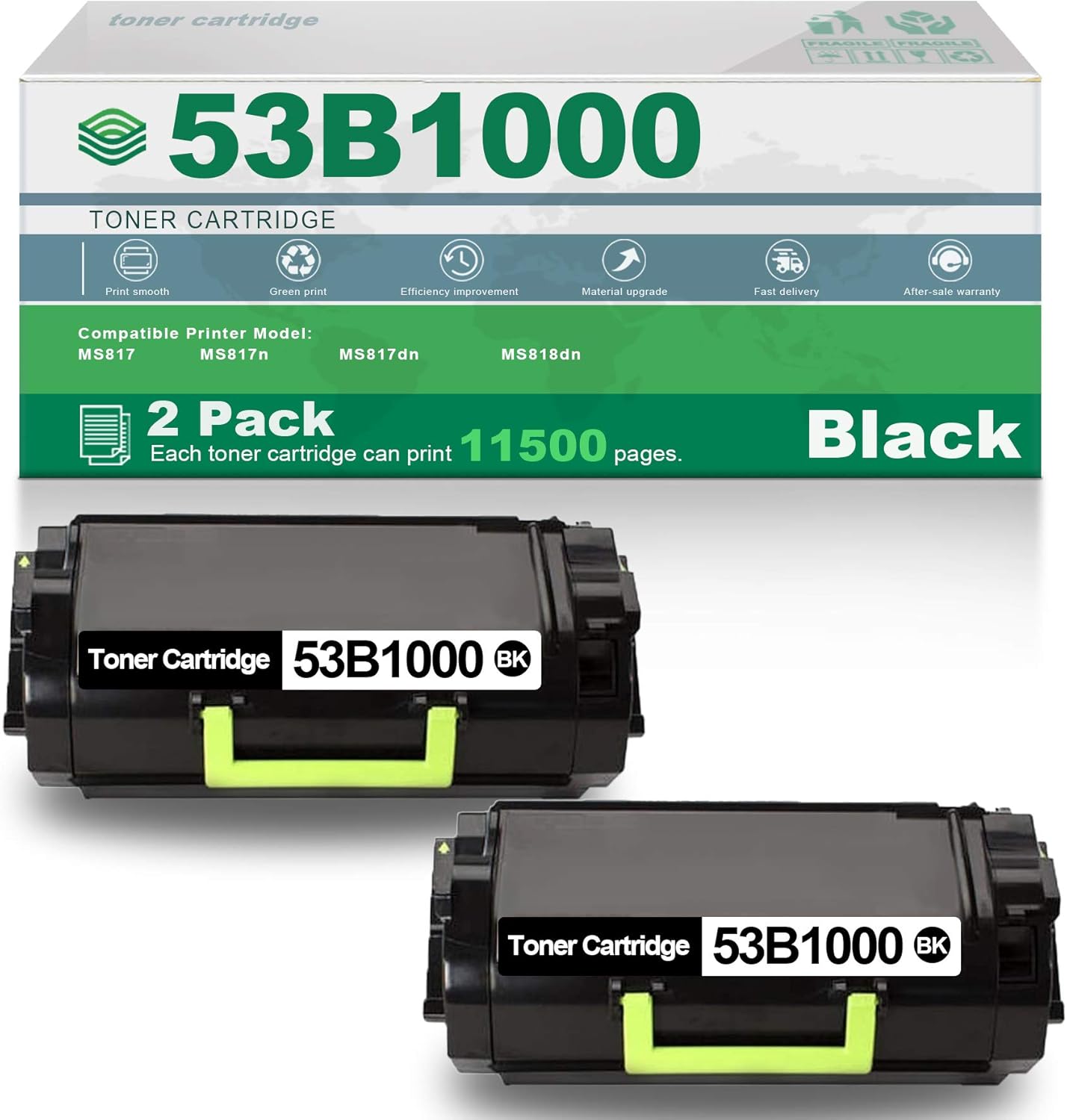 2 Pack Black Compatible 53B1000 High Yield Remanufactured Toner Cartridge Replacement for Lexmark MS817 MS817n MS817dn MS818dn Printer.