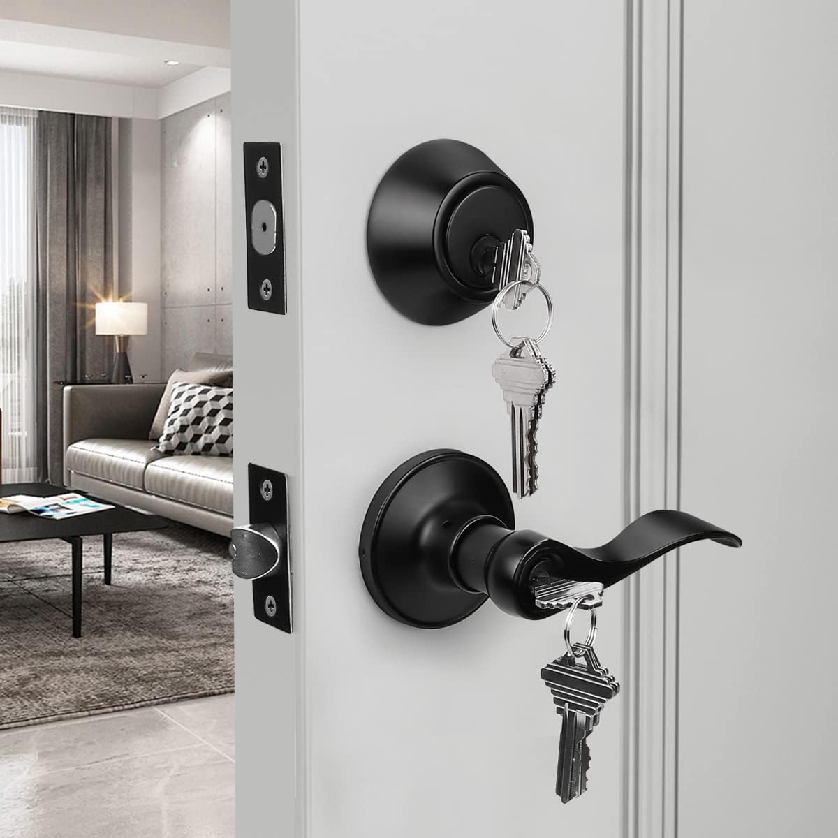 2 Pack Exterior Door Lever Lockset with Single Cylinder Deadbolt Black Door Handle with Deadbolt Lock Set Keyed Alike, Matte Black Finished