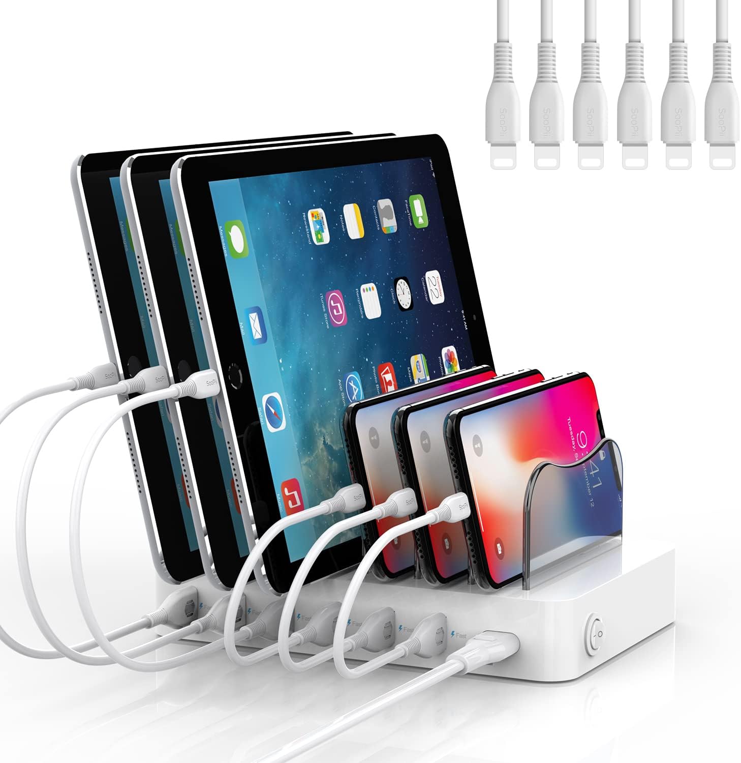 SooPii Premium 6-Port USB Charging Station for Multiple Devices, 6 Charging Cables Included, Compatible with lPad lPhone lPod, for Phones, Tablets, and Other Electronics, White Pack of 2