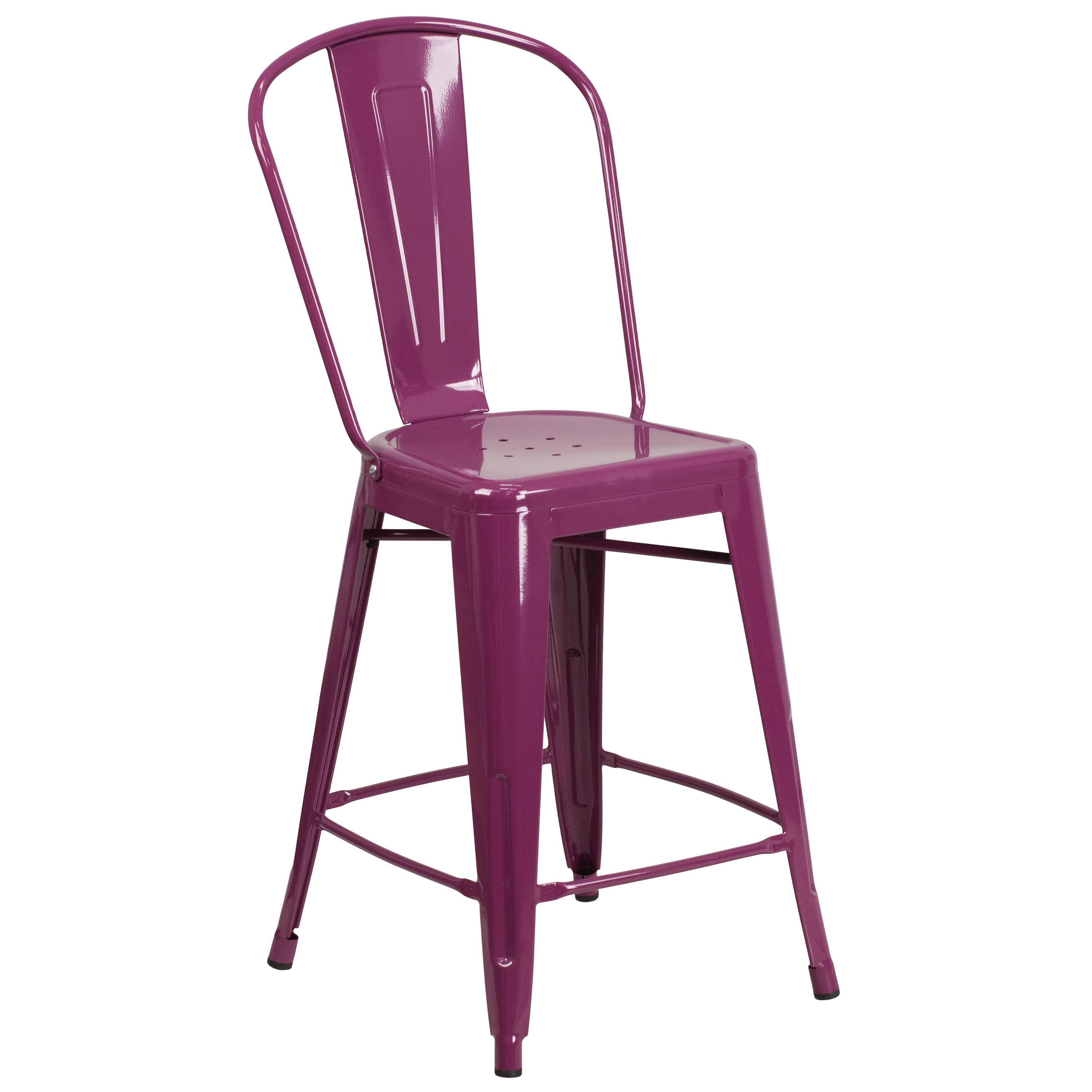 Flash Furniture 24 in. Metal Indoor-Outdoor Counter Height Stool with Splat Back, Purple