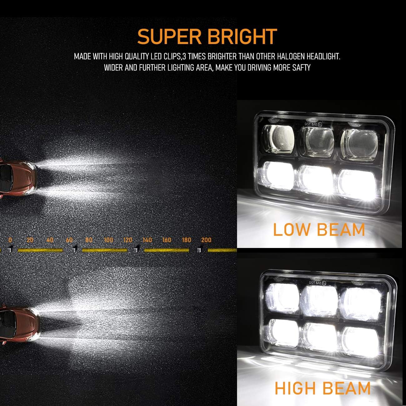 4x6 Led Headlights, Auxbeam 60W 6x4 Headlight with High/Low Beam, Rectangular Sealed Beam H4651 H4652 H4656 H4666 H6545 Headlamp for Peterbilt Kenworth Ford Chevrolet Oldsmobile Cutlass (2 Pcs Black)