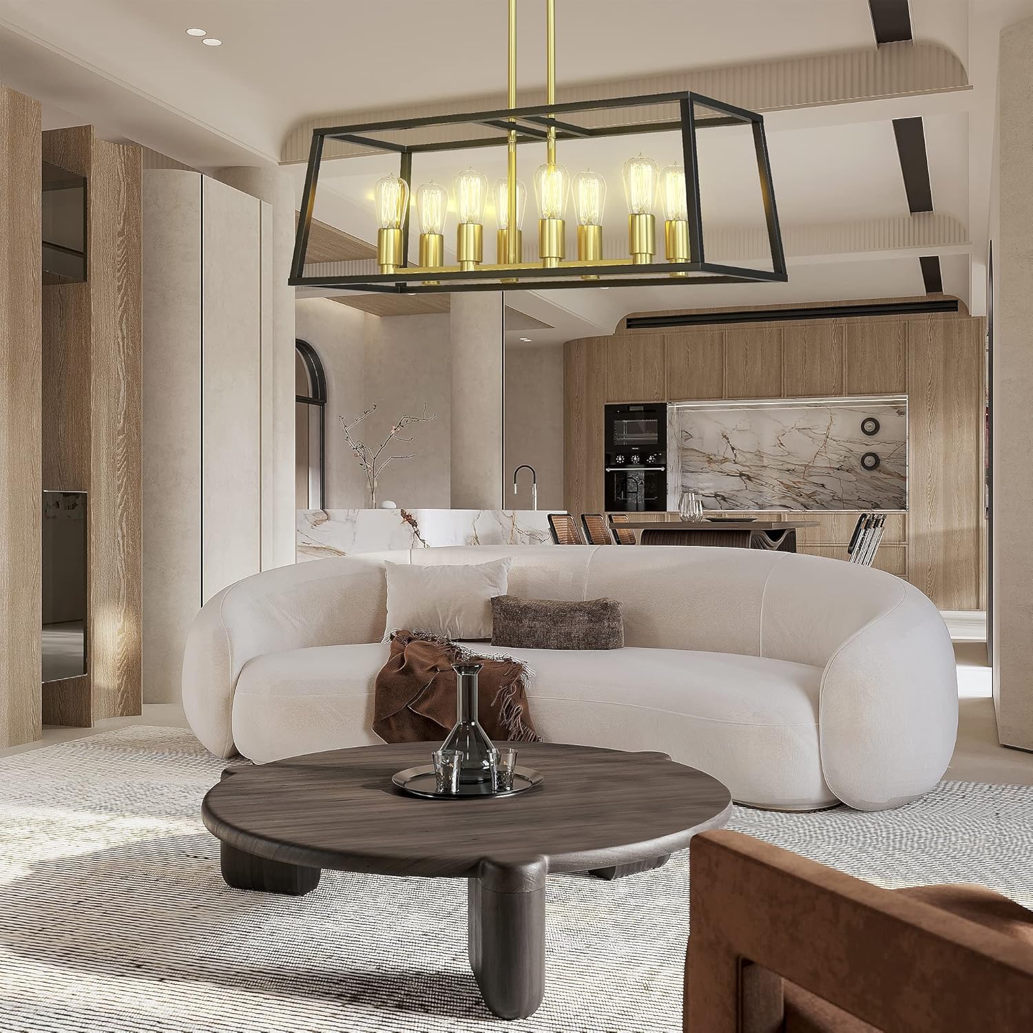 AWQM Industrial Linear Chandelier,8-Light Kitchen Island Pendant Lighting,Open Rectangle Metal Frame Chandelier,for Kitchen Island,Living Dinning Room,Restaurant,Cafe Bar, Gold&Black