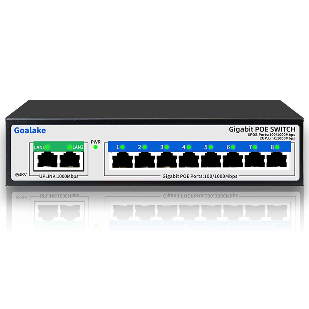 Goalake 8 Port Gigabit PoE+ Switch with 2 Gigabit Uplink,802.3af/at, 100W Built-in Power, 4kV Lightning Protection,Unmanaged Metal Plug and Play Pack of 2