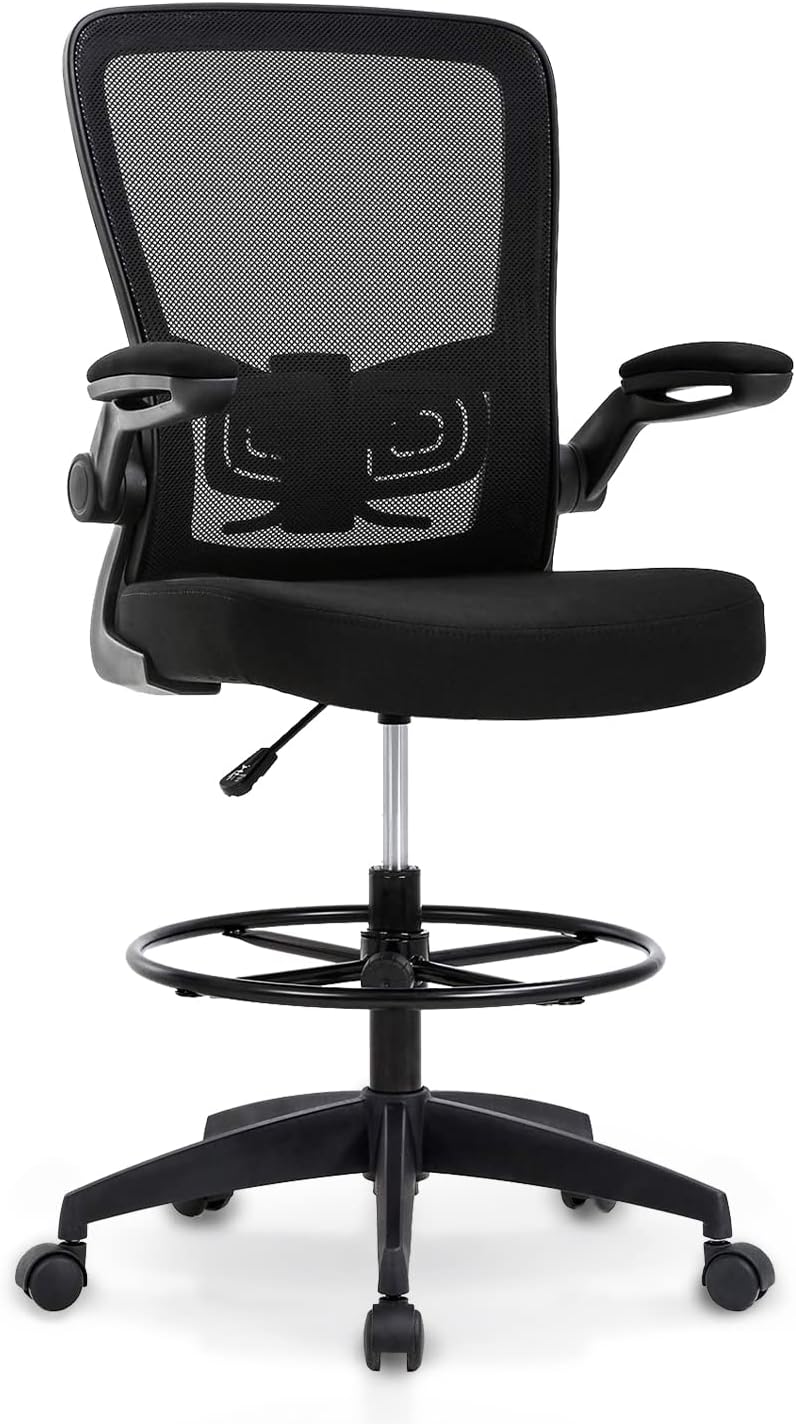 Drafting Chair Tall Office Chair Ergonomic Computer Desk Mid Back Mesh Chair with Lumbar Support & Foot Ring Height Adjustable Rolling Swivel Drafting Stool Task Executive Chair for Standing Desk