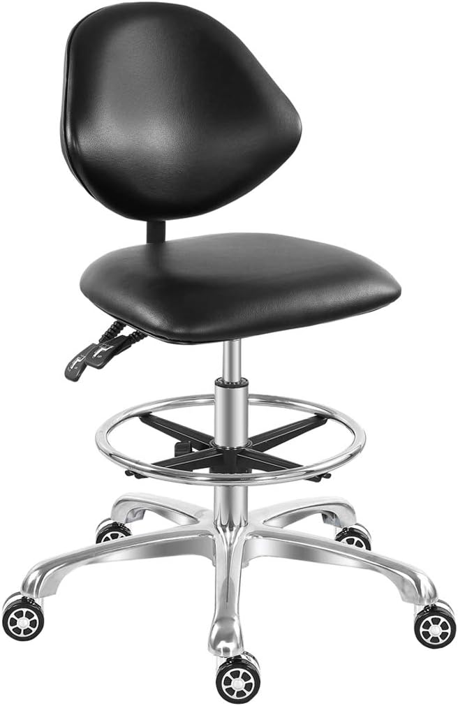 Adjustable Rolling Stool Drafting Chair for Guitar Shop Pedicure Studio Work with Wheels and Backrest,Workbench Hydraulic Stool with Footrest (Black)