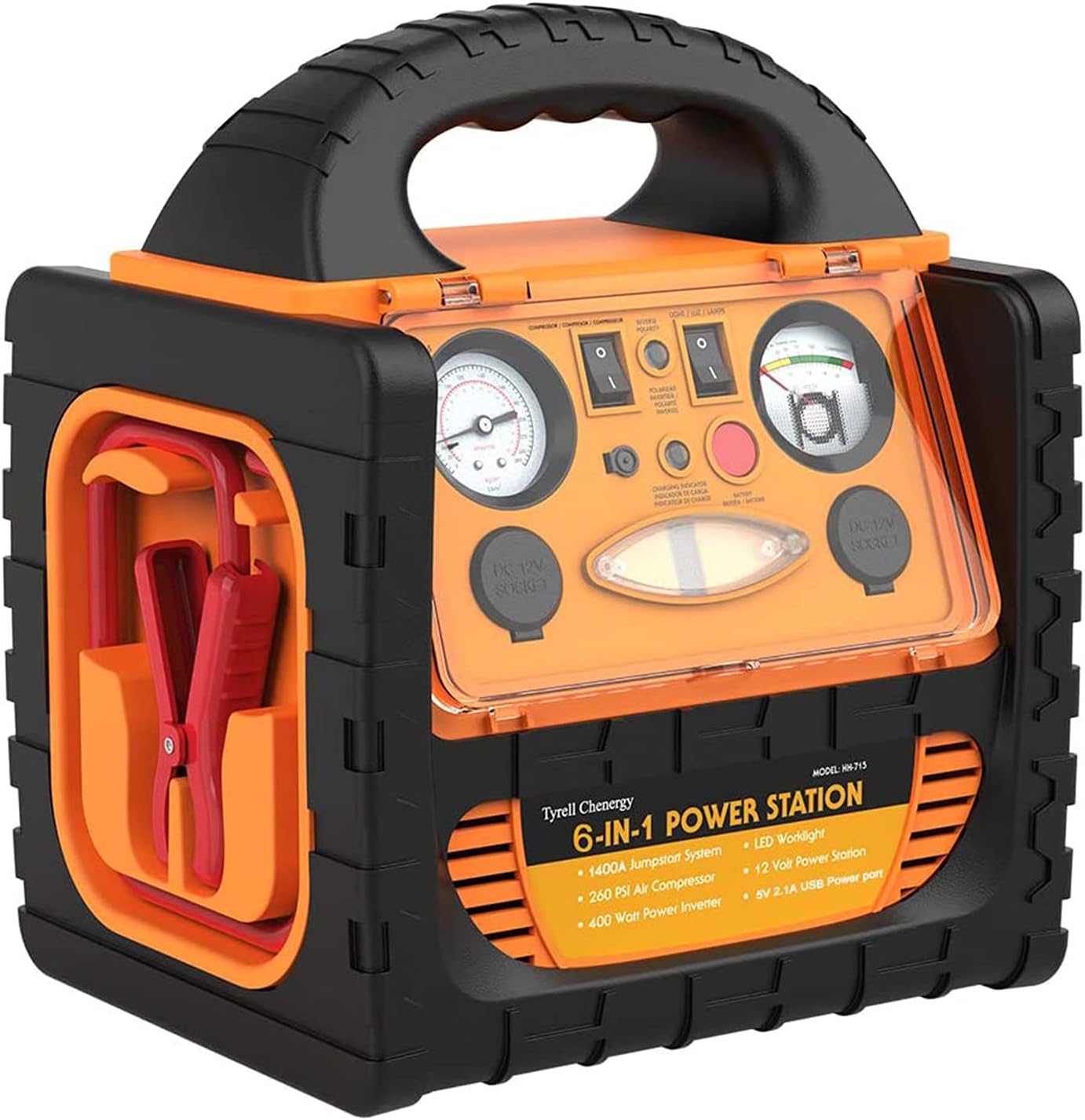 Portable Car Jump Starter 1400 Amp High Performance Power Station with Double AC 110 Volt Inverter Outlets 400W, 260 PSI Air Compressor, Double DC Sockets 12V/11A, 5V/2.1A USB Ports