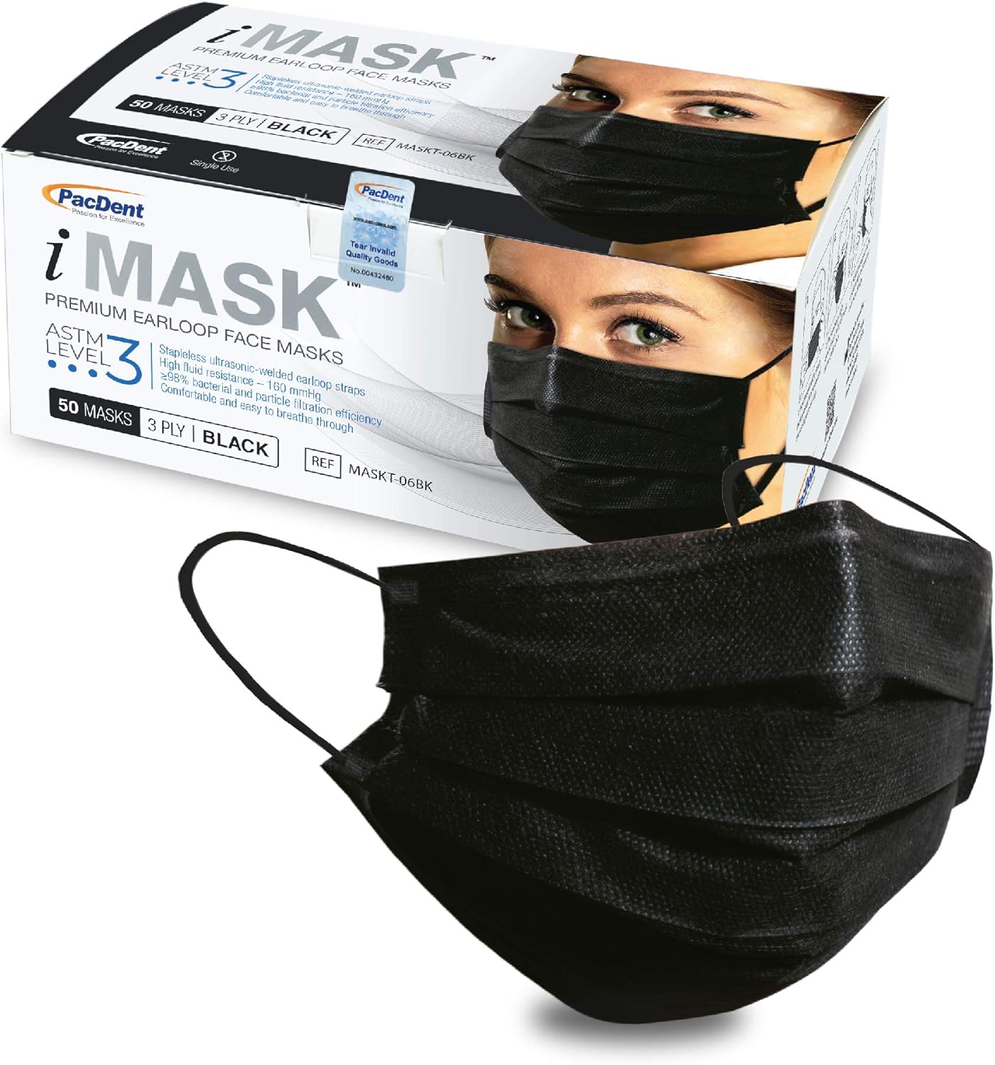 Pac-Dent iMask, Bulk Face Masks, Premium ASTM Level 3 Disposable Face Masks, 2,000-Pack (40 Packs of 50), Black