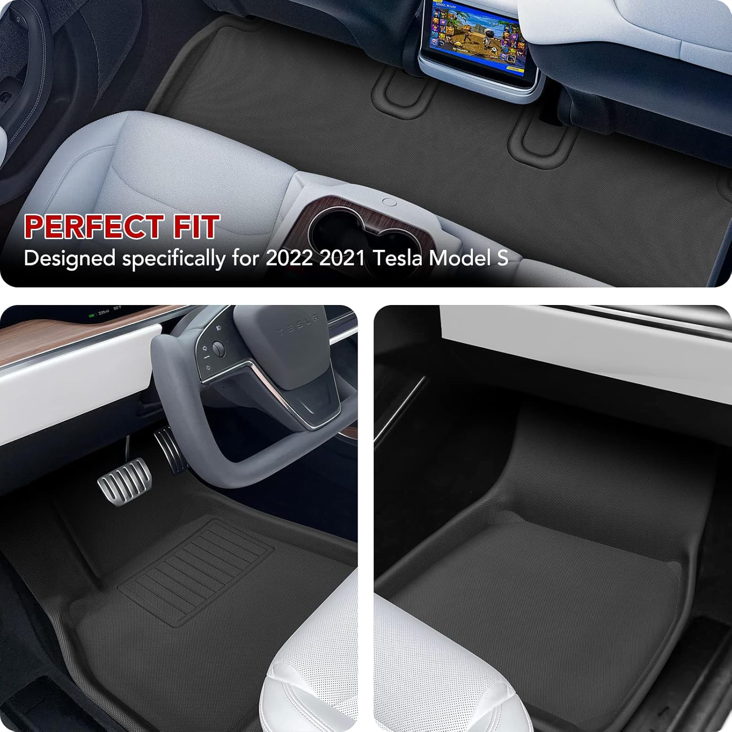 BASENOR Tesla Model S Floor Mats 3D Full Set Liners All-Weather Anti-Slip Waterproof Frunk & Trunk Mat Accessories for 2022 2021 Model S