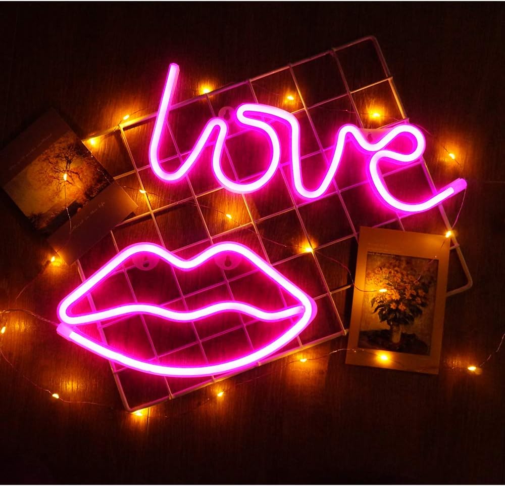 LED Neon Signs Battery and USB Operated, LED Neon Light Wall Light Decor for Party, Christmas, Bar, Home, Wedding, Pink Lip and Love -2Pack
