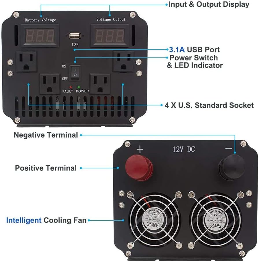 Cantonape 2500 Watt Pure Sine Wave Power Inverter 12V DC to 120V AC Converter with 4 AC Outlets and 3.1A USB Port & LED Display for Car RV Truck Boat Travel Emergency