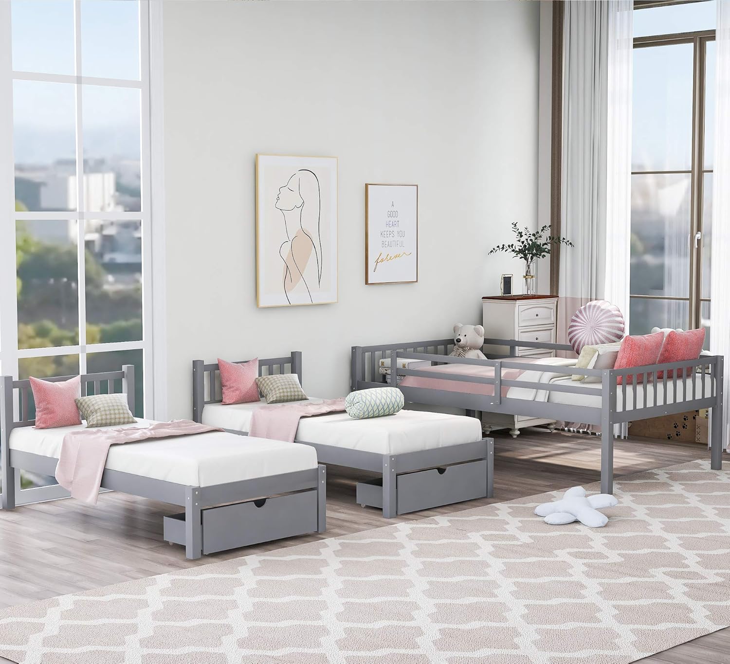 STARTOGOO Triple Bunk Bed with Drawers, Full Over Twin & Twin Bunkbeds for Kids, Teens, Adults, Wood Frame for 3, Space-Saving (Gray)