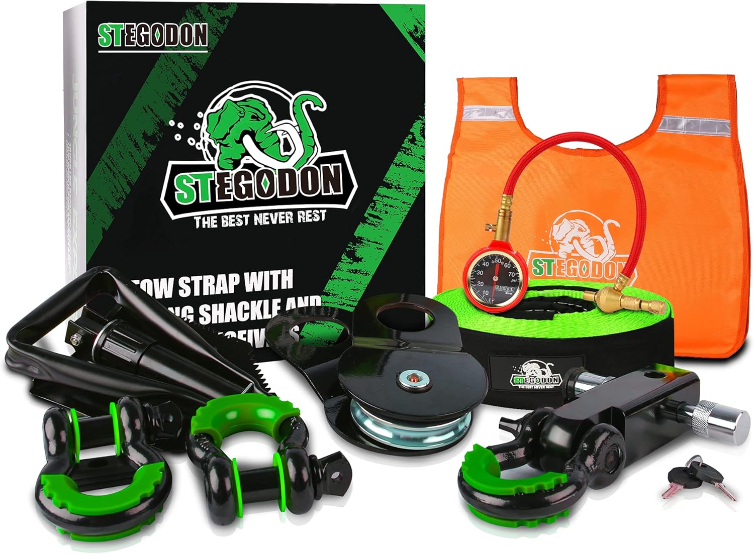 STEGODON Heavy-Duty Recovery Kit|Unique 4x4 Winch Accessory Kit with Recovery Tow Strap+8-Ton Snatch Block+Shackle Hitch Receiver+Hitch Lock+D-Ring Shackles+Folding Shovel+Tire Deflator+Winch Dampener