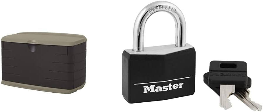 Rubbermaid Medium Resin Weather Resistant Outdoor Garden Storage Deck Box, Sandstone & Master Lock 141D Covered Aluminum Keyed Padlock, 1 Pack, Black