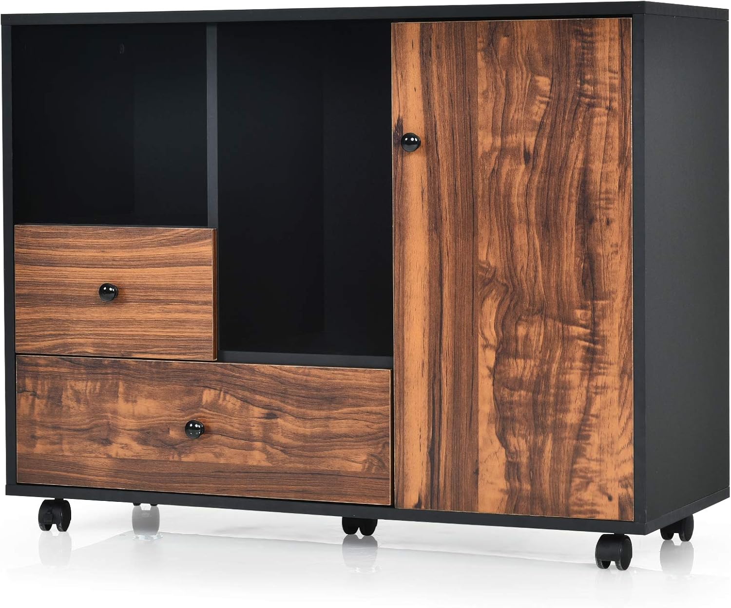 Giantex Mobile Filing Cabinet 2 Drawers, Large Storage Cabinet, Printer Stand on Wheels, Wood Lateral Industrial File Organizer with Open Shelves for Home and Office Use(Black+Brown, 4 Wheels)