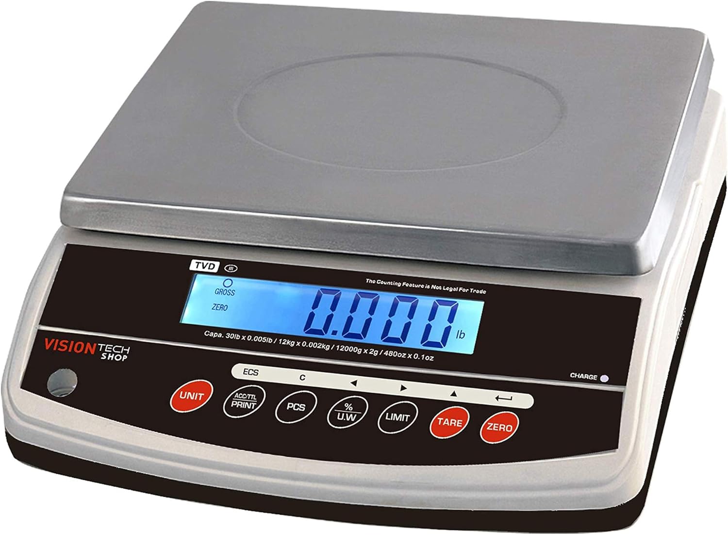 VisionTechShop TVD-30 Digital Bench and Counter Scale, Lb/Oz/Kg/g Switchable, 30lb Capacity, 0.005lb Readability, Counting and Percentage Mode, Single Display, NTEP Legal for Trade, CC# : 20-032