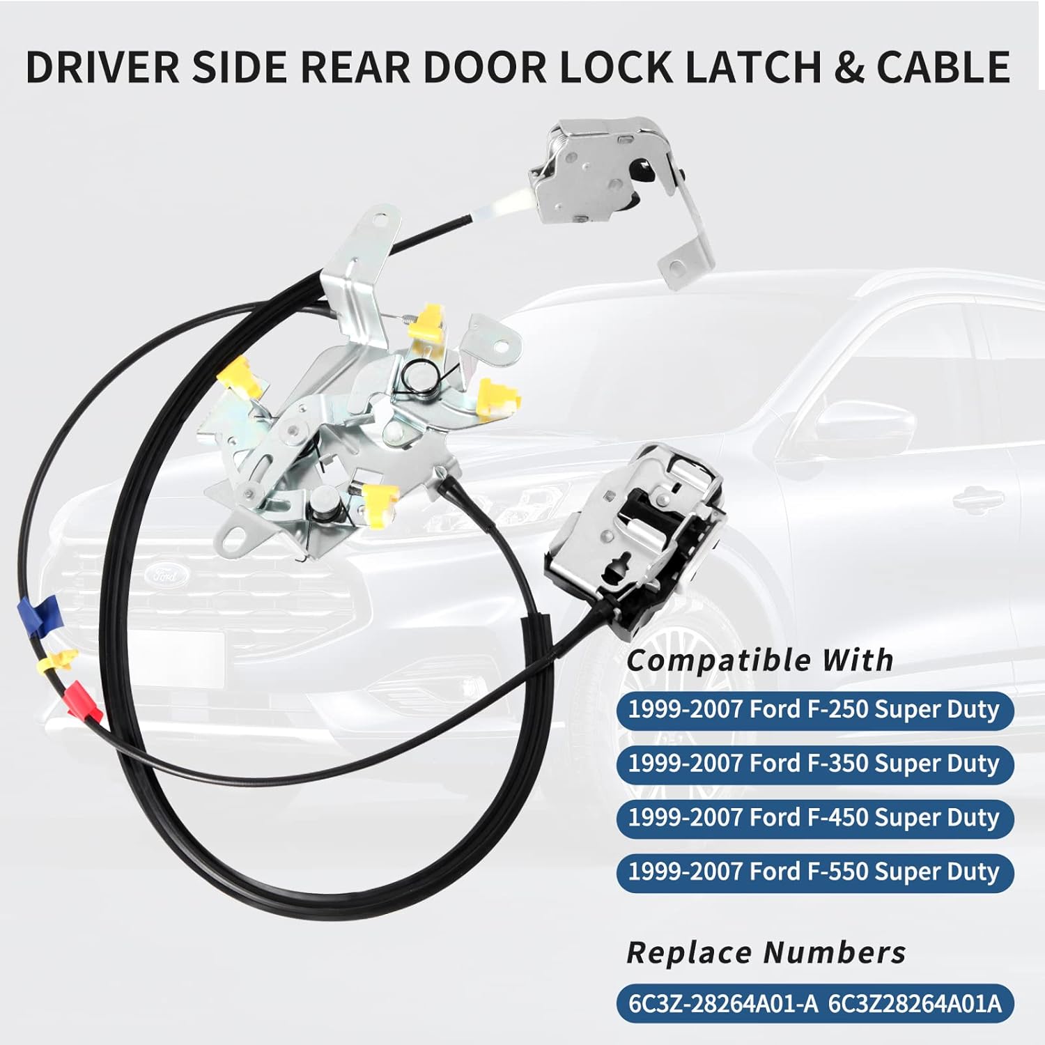 Left Driver Side Rear Door Lock Latch & Cable | Compatible with Ford F250 F350 F450 F550 Super Duty 1999-2007 | Upper and Lower Latches Assembly | Replace # 6C3Z-28264A01-A (Left Driver Side, 1) Pack of 2