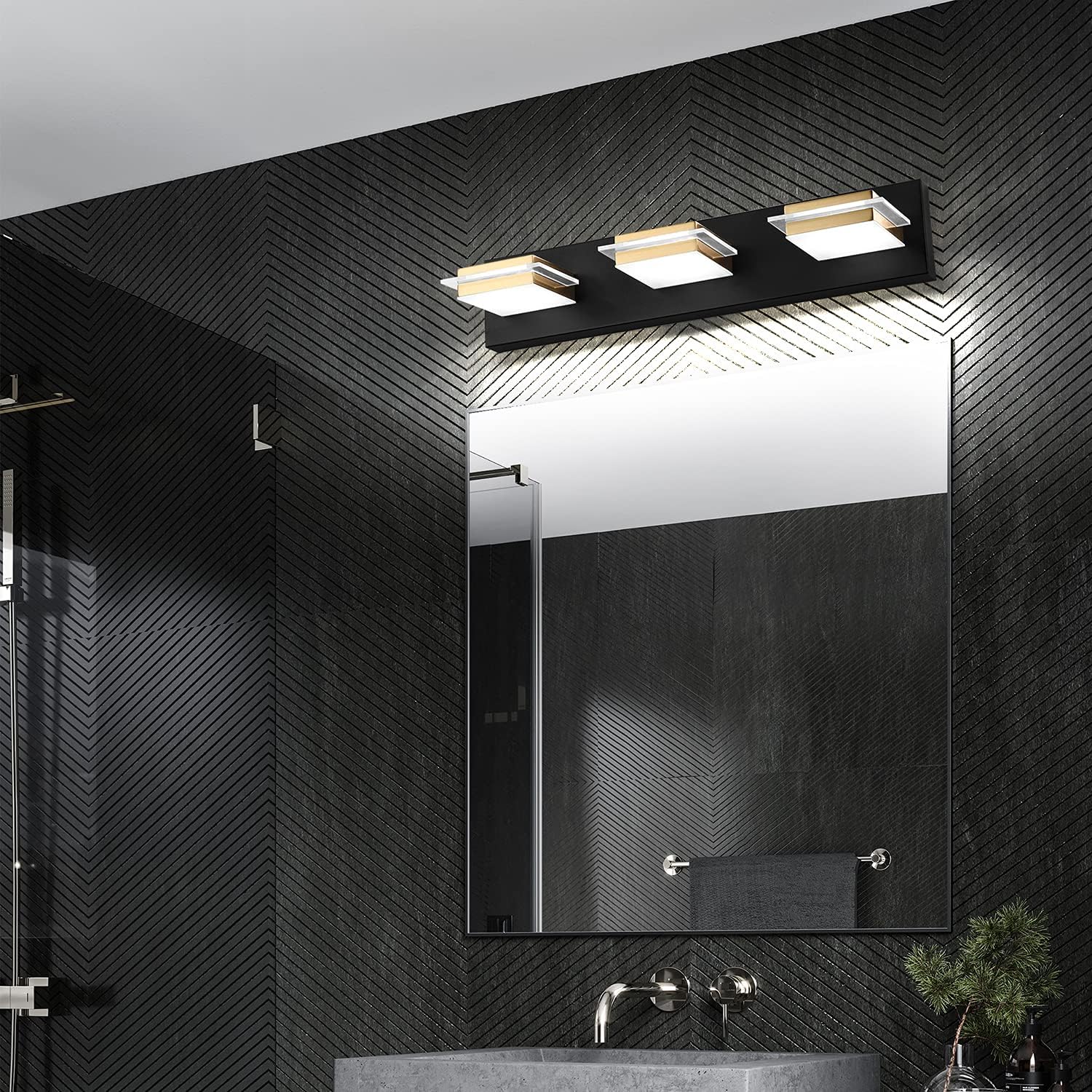 AMARTIZ Bathroom Vanity Light Fixtures 3 Lights Dimmable LED Wall Sconce with Matte Black Finish Gold Metal Lampshade White Light 6000K