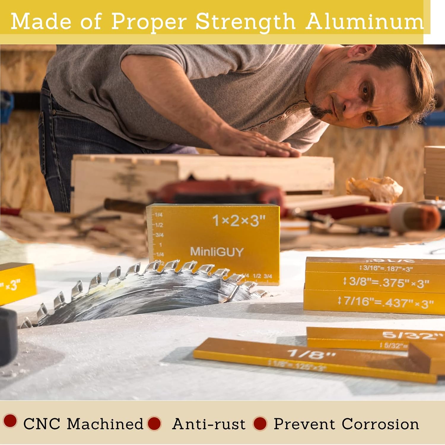 Setup Bars Height Gauge Blocks for Woodworking Router/Table Saw, 15Pcs Precision Aluminum Setup Blocks w/Marks on 4 Sides Easy to Read and Organize-MinliGUY Pack of 2