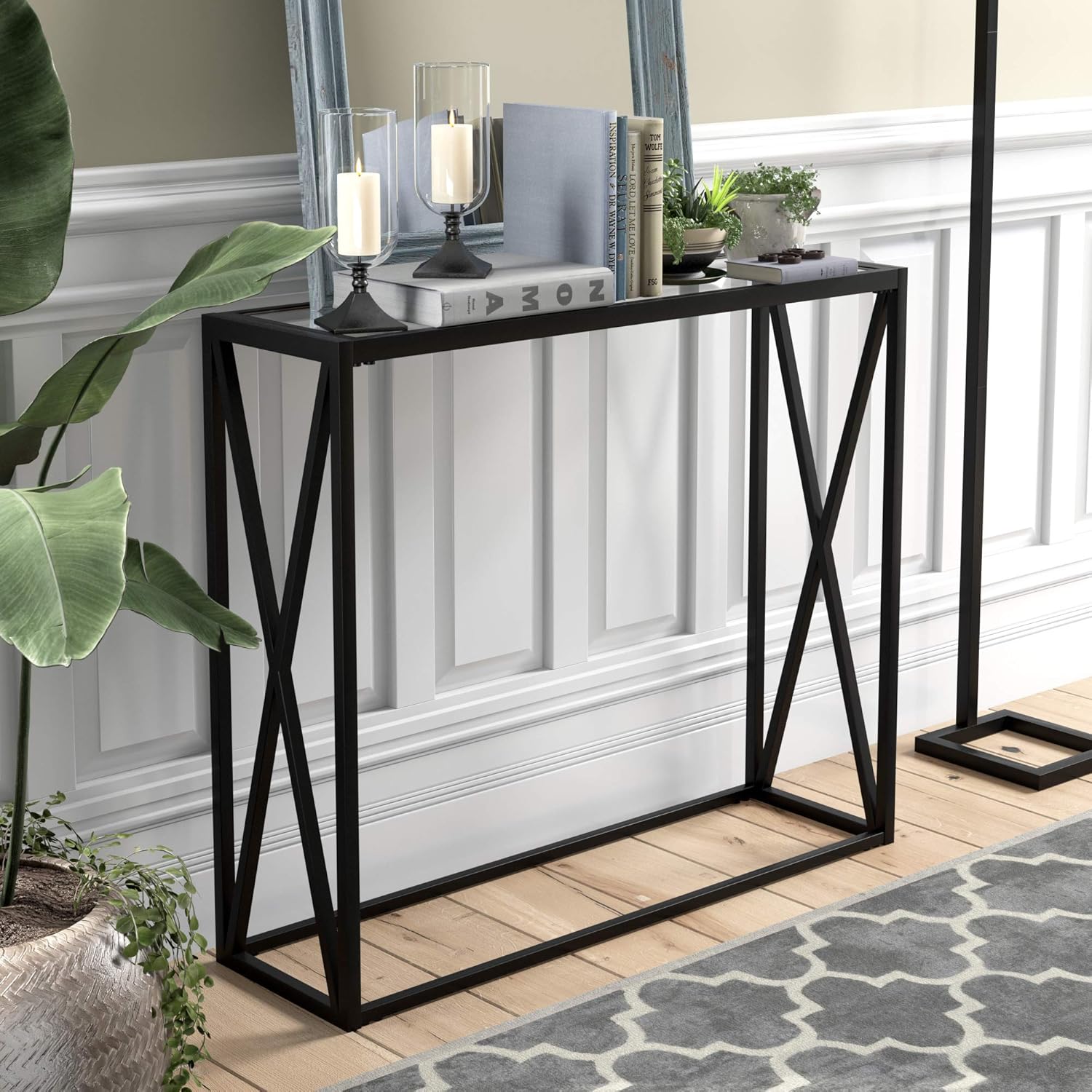 Henn&Hart Modern Console Table with Glass Top and Shelf in Blackened Bronze