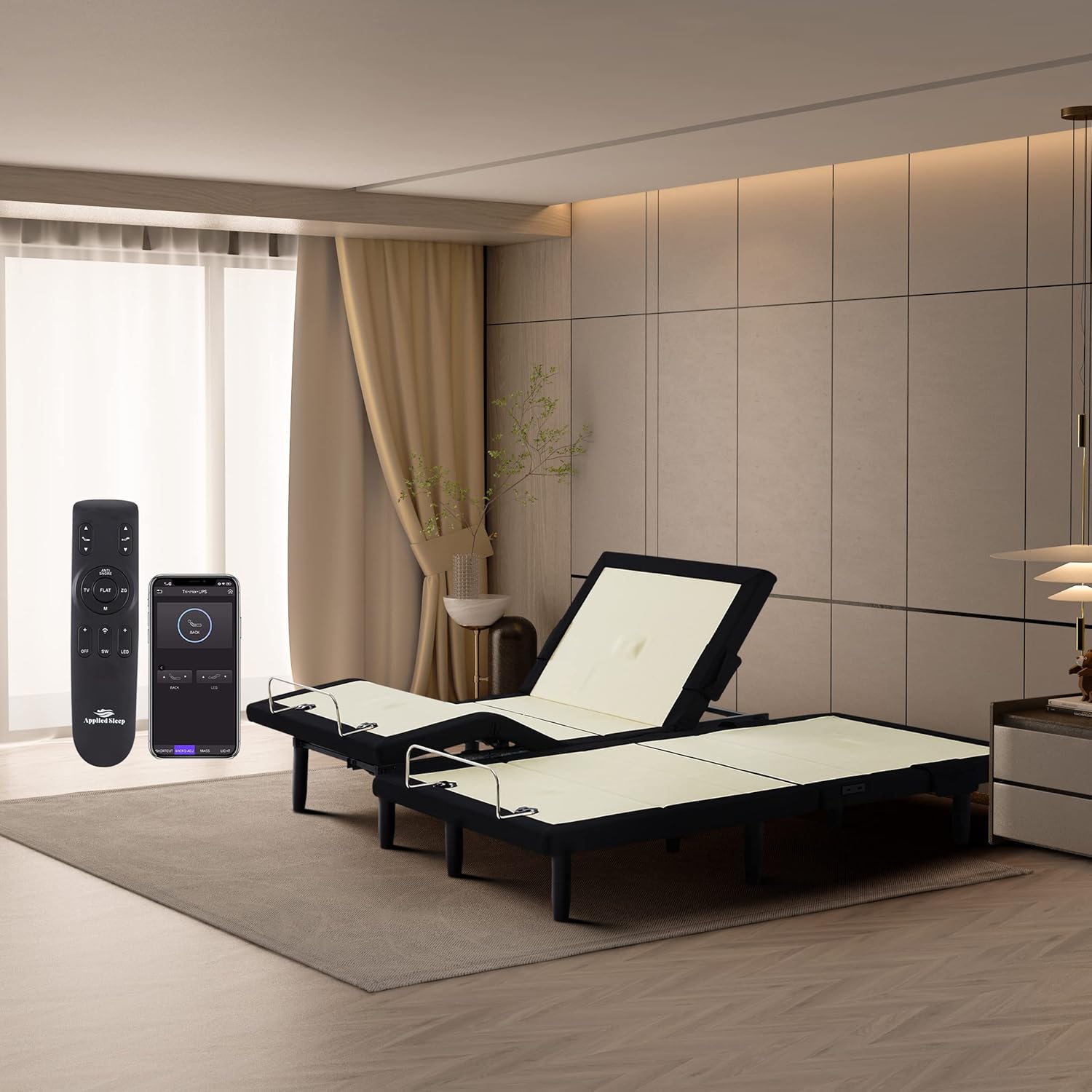 TXL Adjustable Bed Frame, Adjustable Bed Base with Back and Leg Massager , Wireless Remote and Bluetooth APP Syncing, Nightlight, Zero-Gravity, Anti-Snore, Memory Pre-Sets