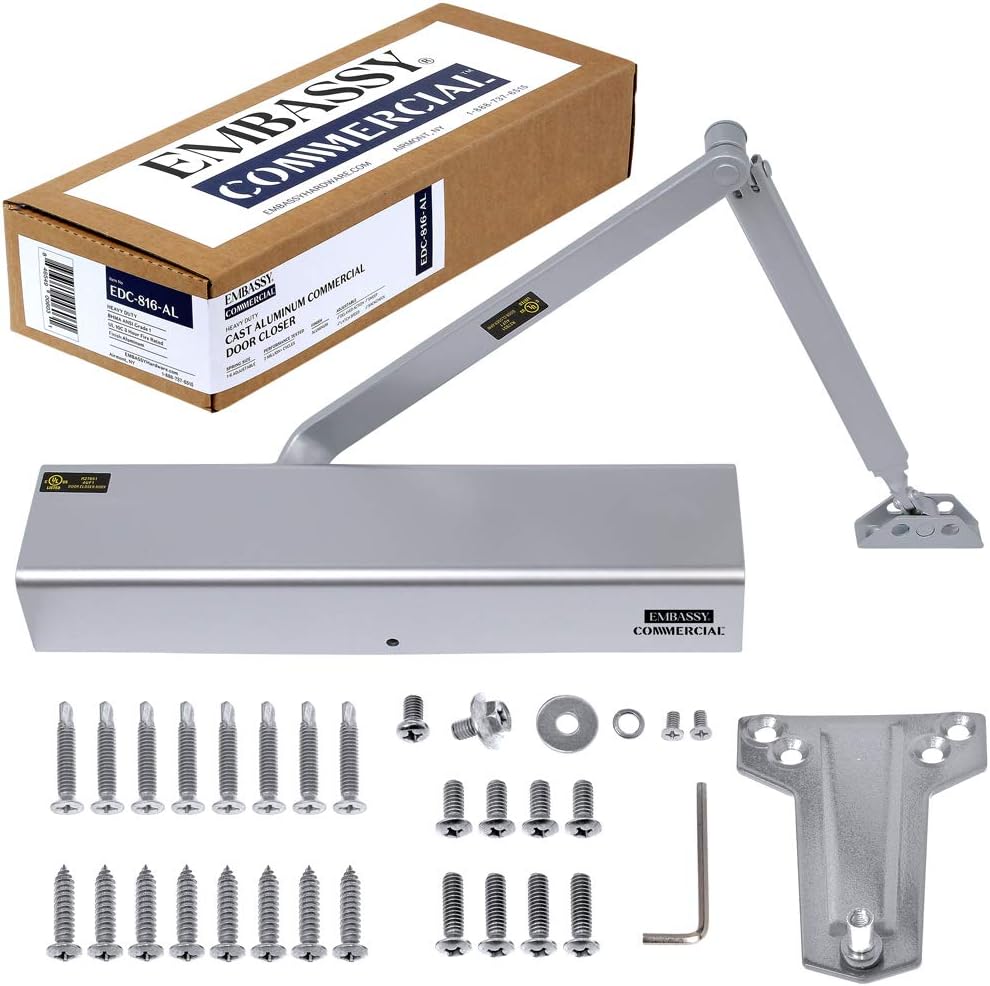 Heavy Duty Door Closer Commercial Grade 1 - Adjustable 6-Speed Delayed-Action Door Control with 3 Pistons &ndash; Flexible Installation with Included Hardware - Embassy Hardware EDC816